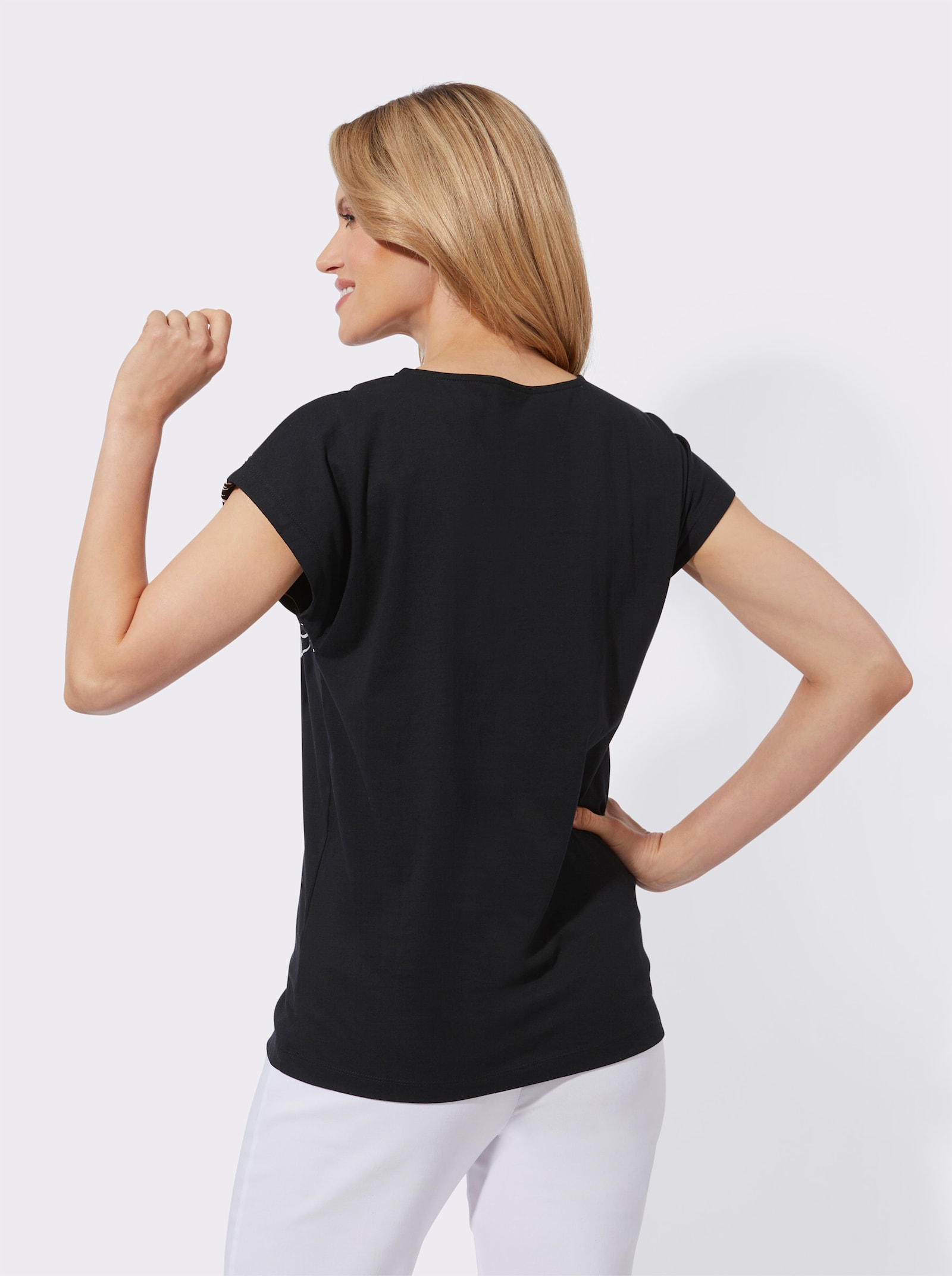 Tričko,okr.výstr.,kvet.siluety - Black-ecru zafarbeniu krému tlače