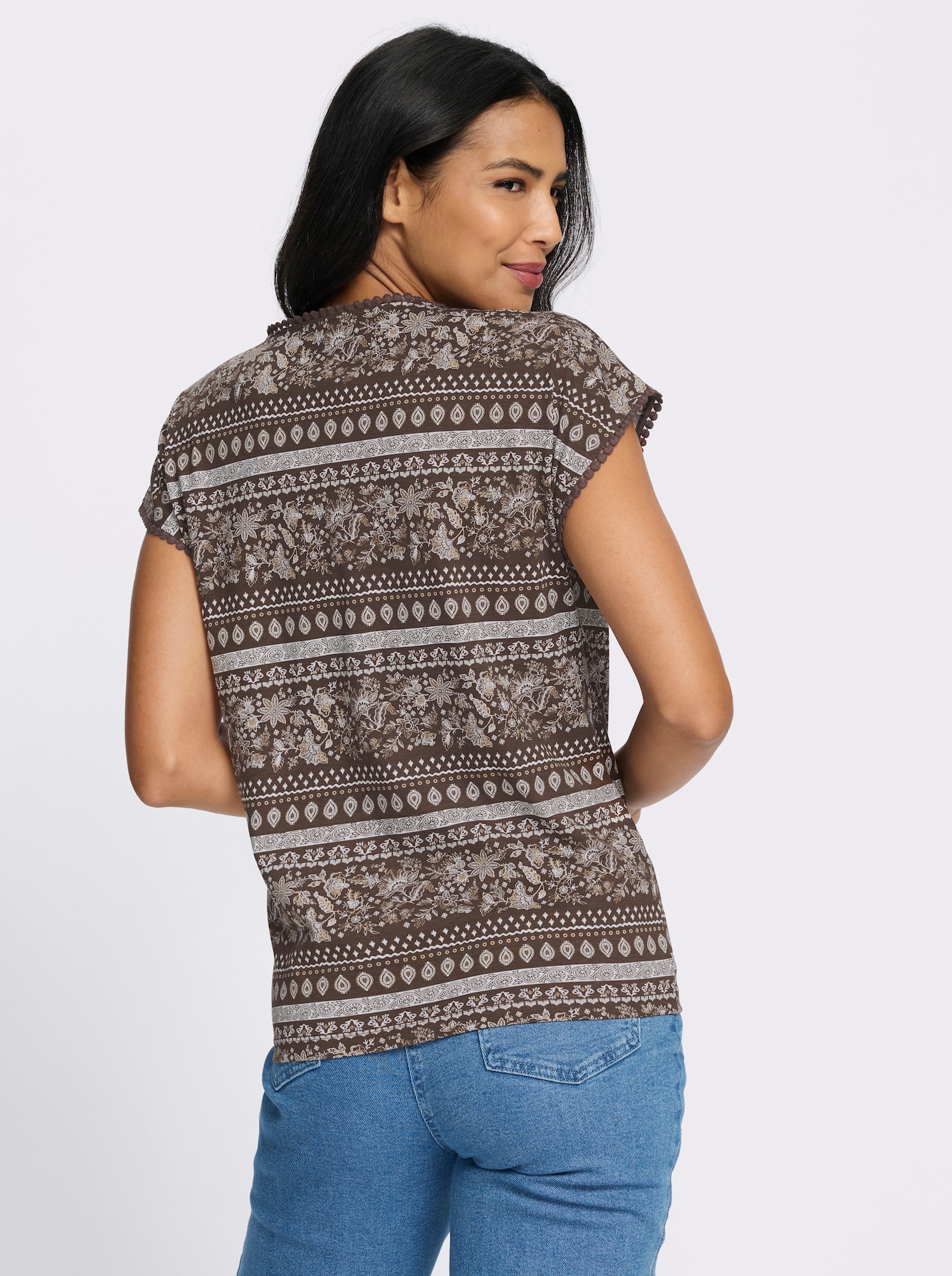 Kurzarmshirt mit überschnittenen Schultern - schoko-beige-bedruckt