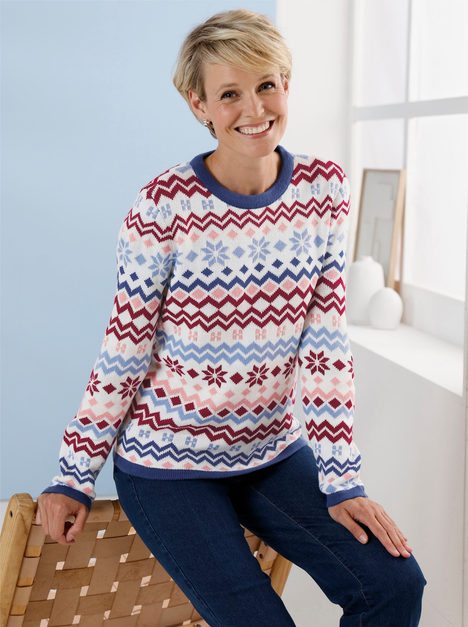 Norwegerpullover in pflegeleichter Qualität - ecru-rosenquarz-gemustert