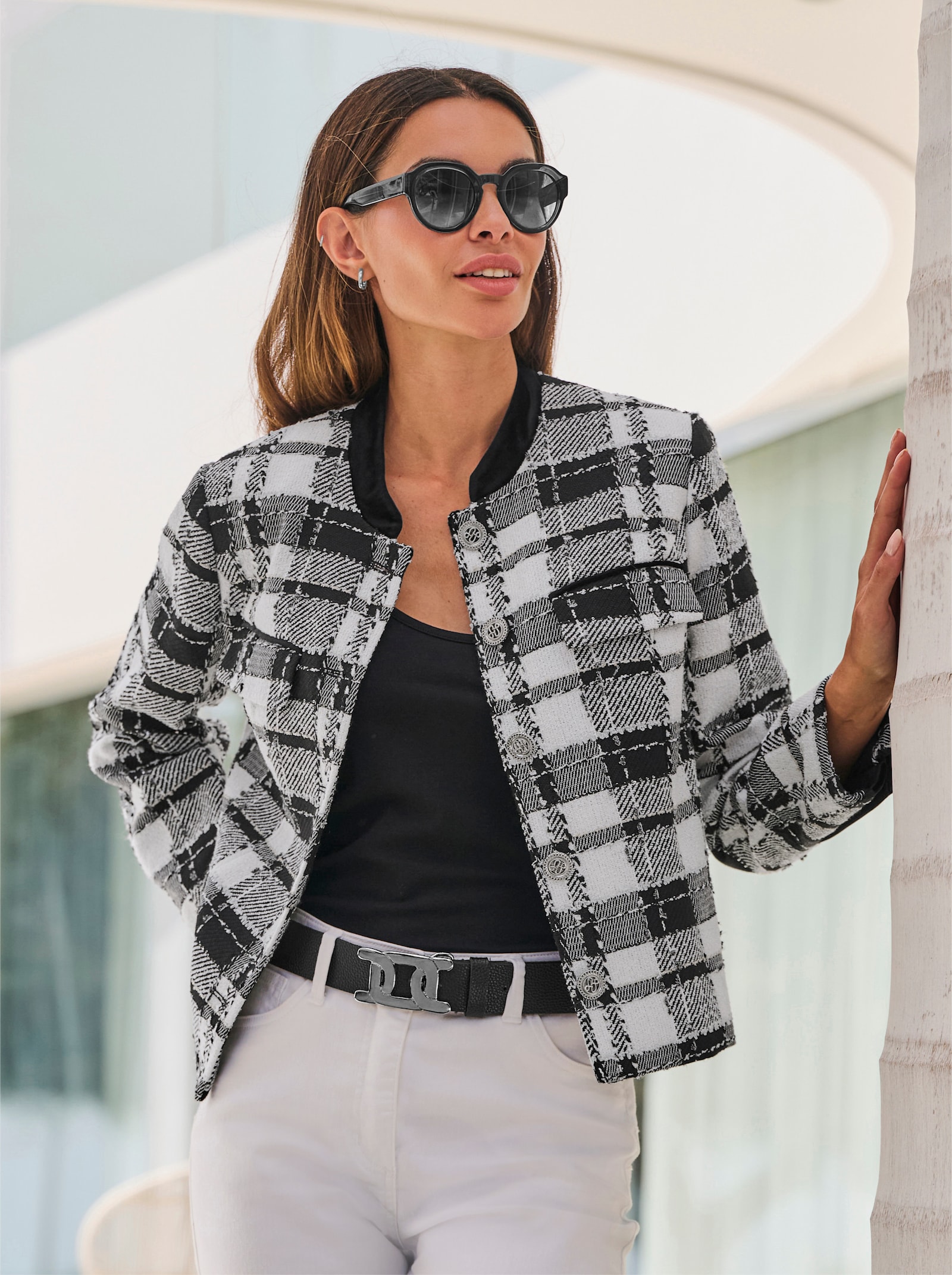 heine Blazer in Bouclé-Struktur - schwarz-weiß-kariert