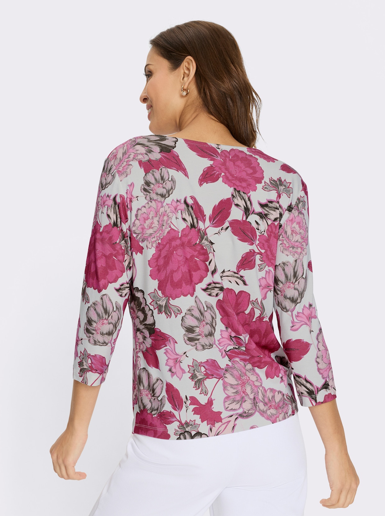 Rundhalsshirt - ecru-fuchsia-bedruckt