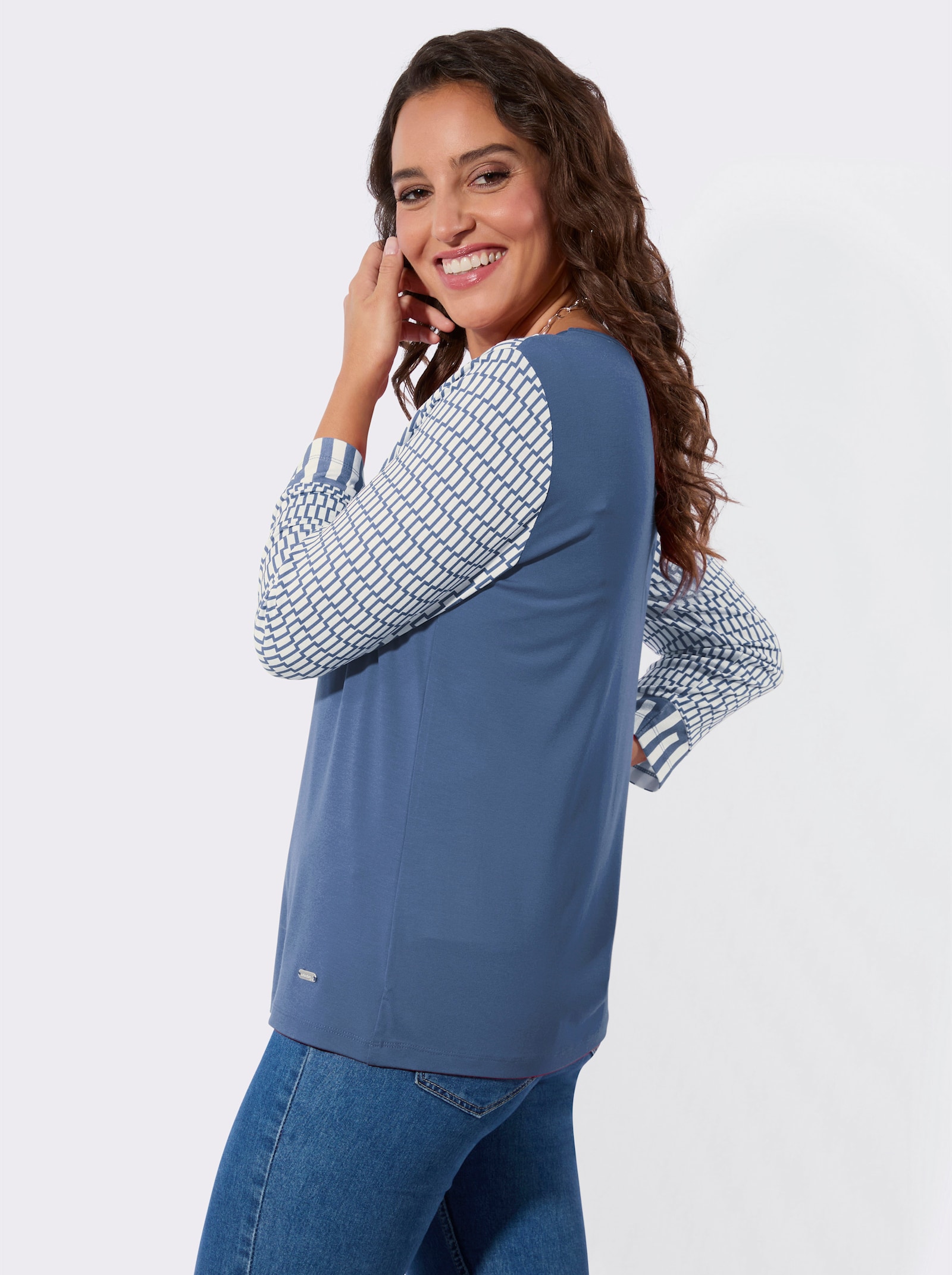 3/4-Arm-Shirt mit Mesh-Einsatz am Ausschnitt - jeansblau-ecru-bedruckt