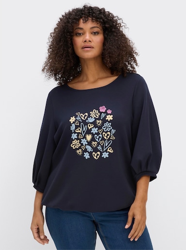 sheego Sweatshirt mit Frontprint und Häkelblumen - tiefblau-eisblau-bedruckt