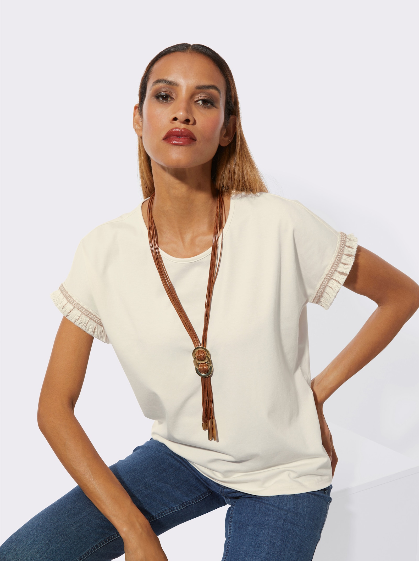 Rundhalsshirt im Baumwoll-Stretch - champagner