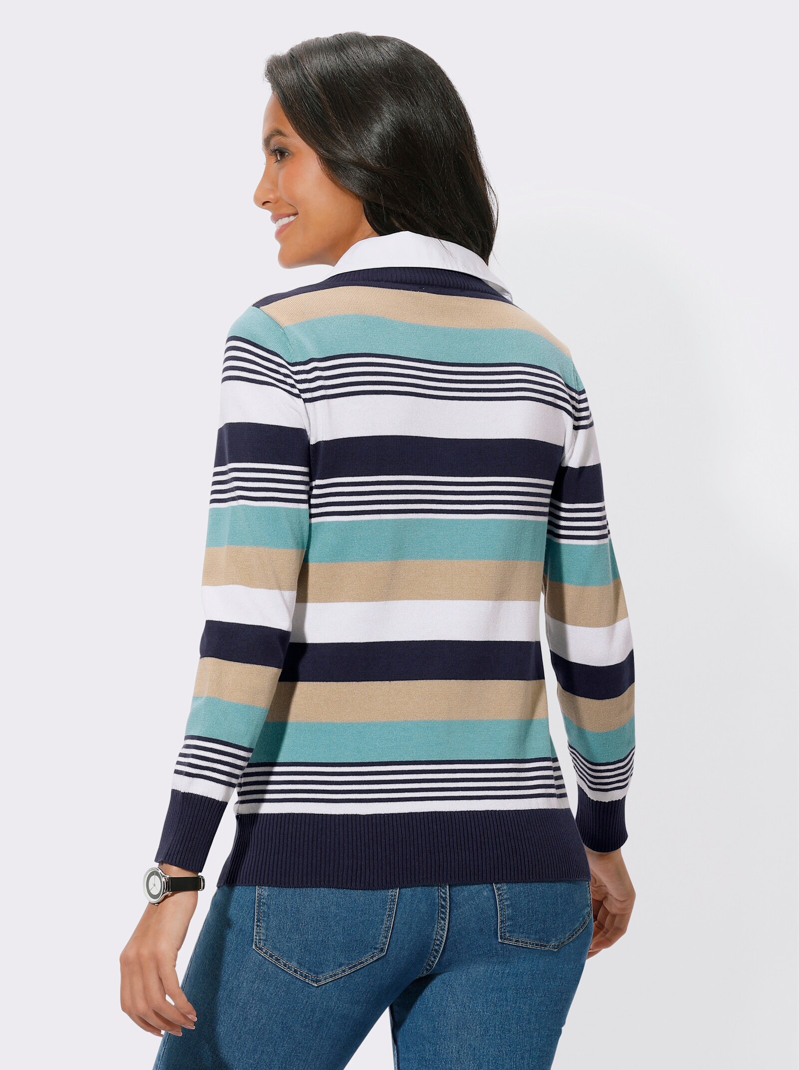  V-Ausschnitt-Pullover in 2-in1-Optik - marine-ozean-gestreift