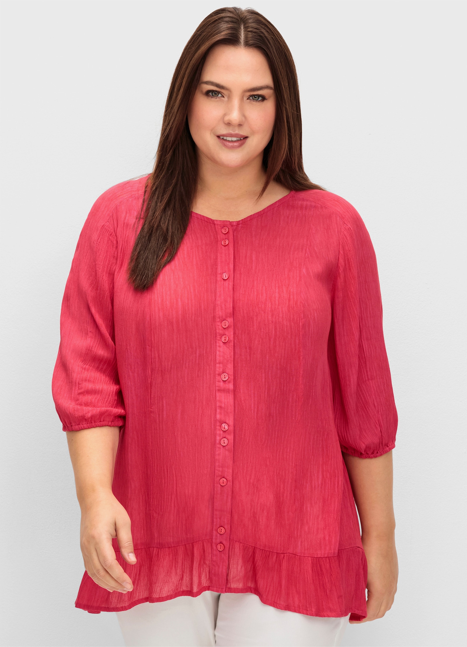 sheego Kurzarmbluse mit Volants am Saum - sorbet pink