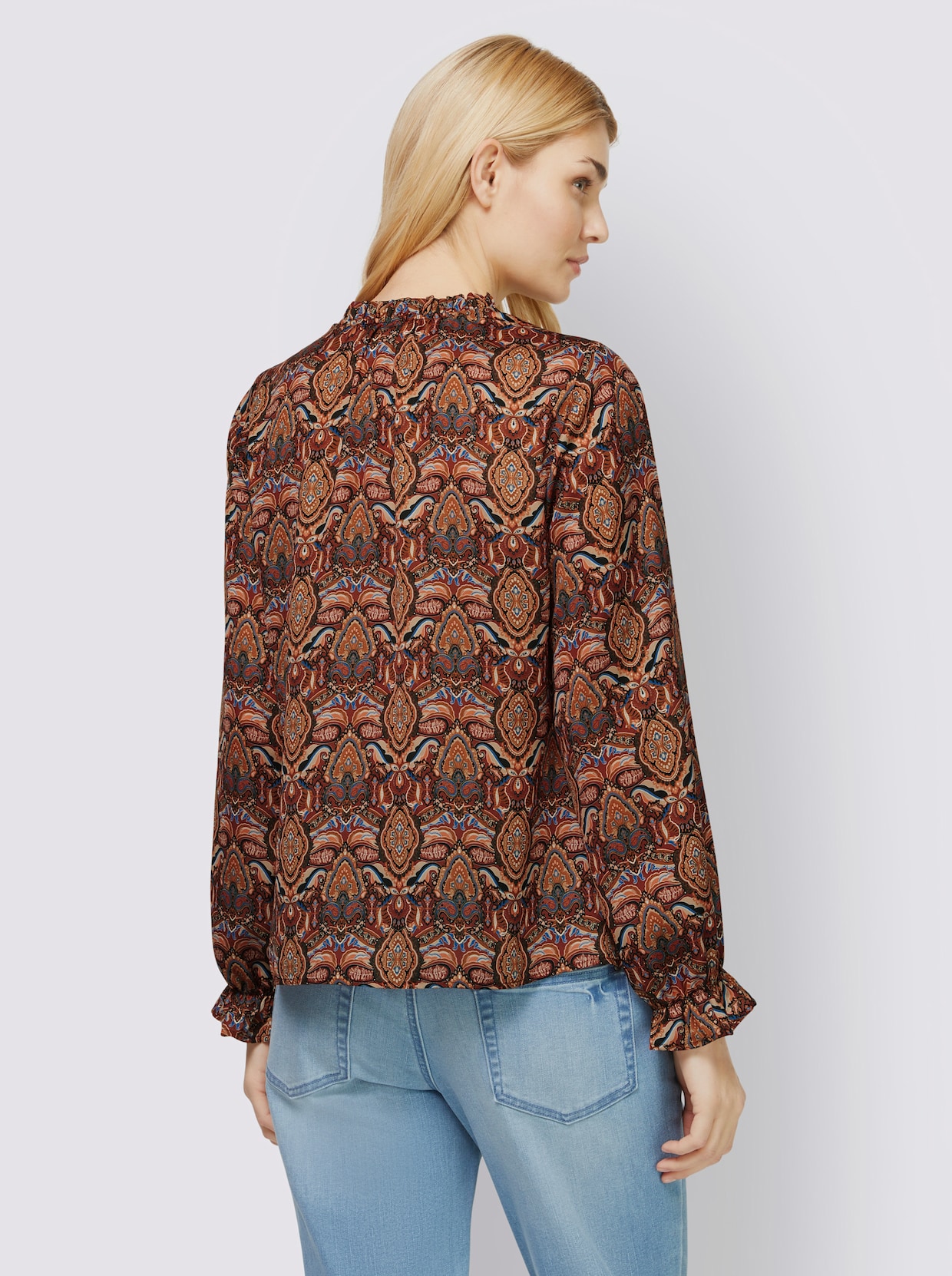 heine Druckbluse - schwarz-mandarine-bedruckt