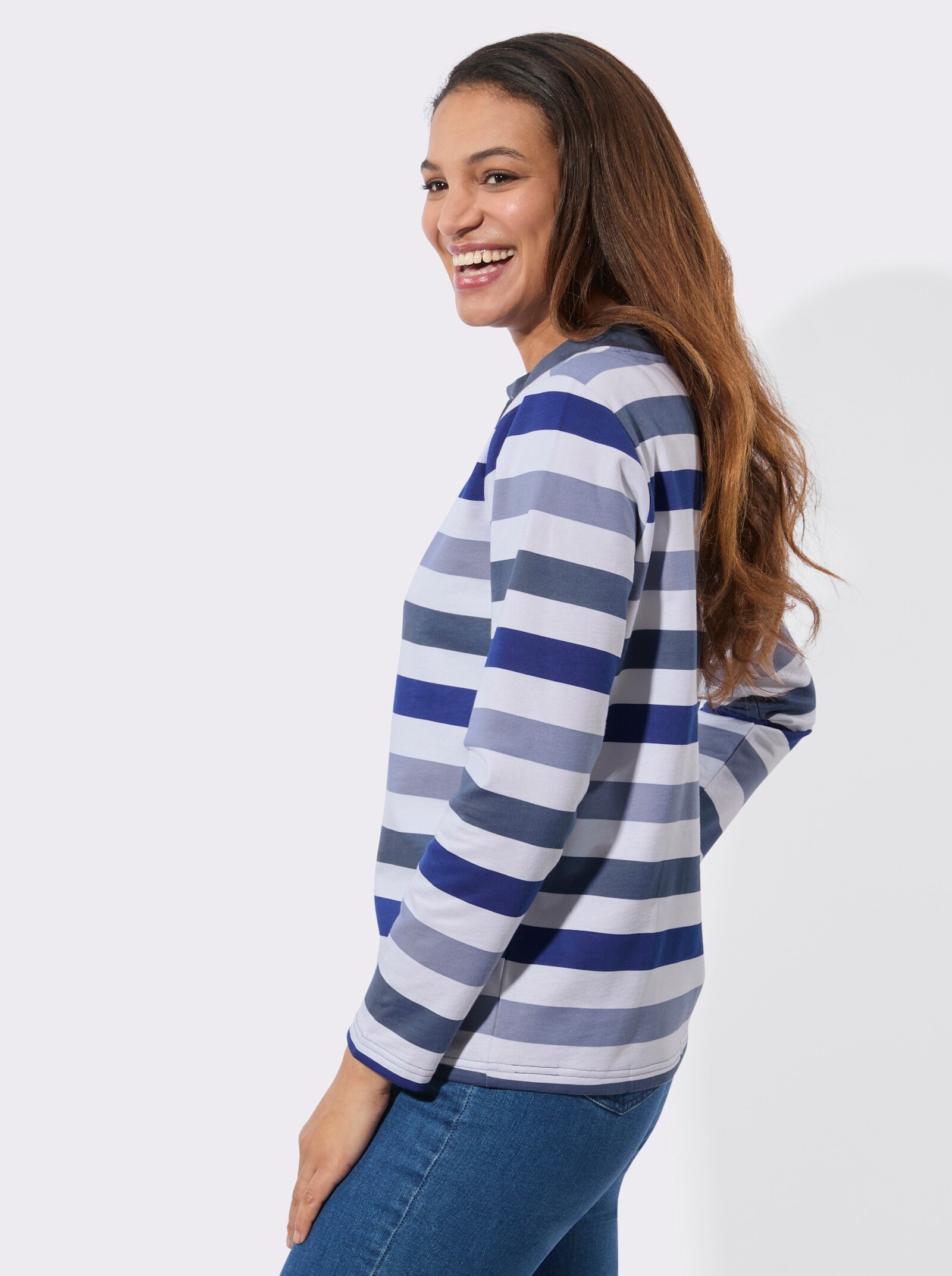 Sweatshirt mit halsfernem Stehkragen - taubenblau-rauchblau-geringelt