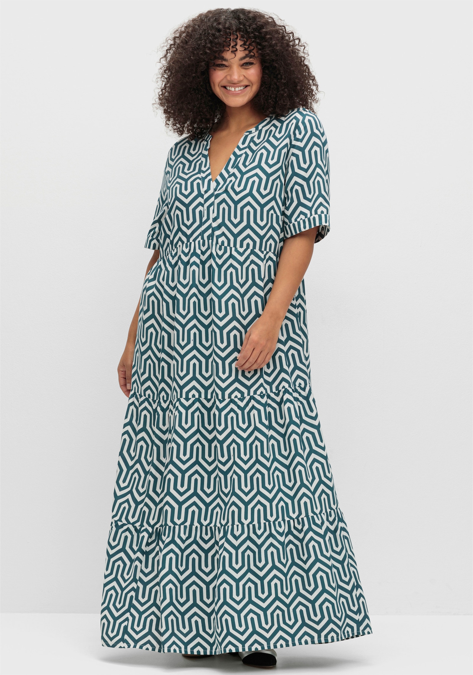 sheego Maxikleid mit grafischem Alloverprint - petrol-gemustert