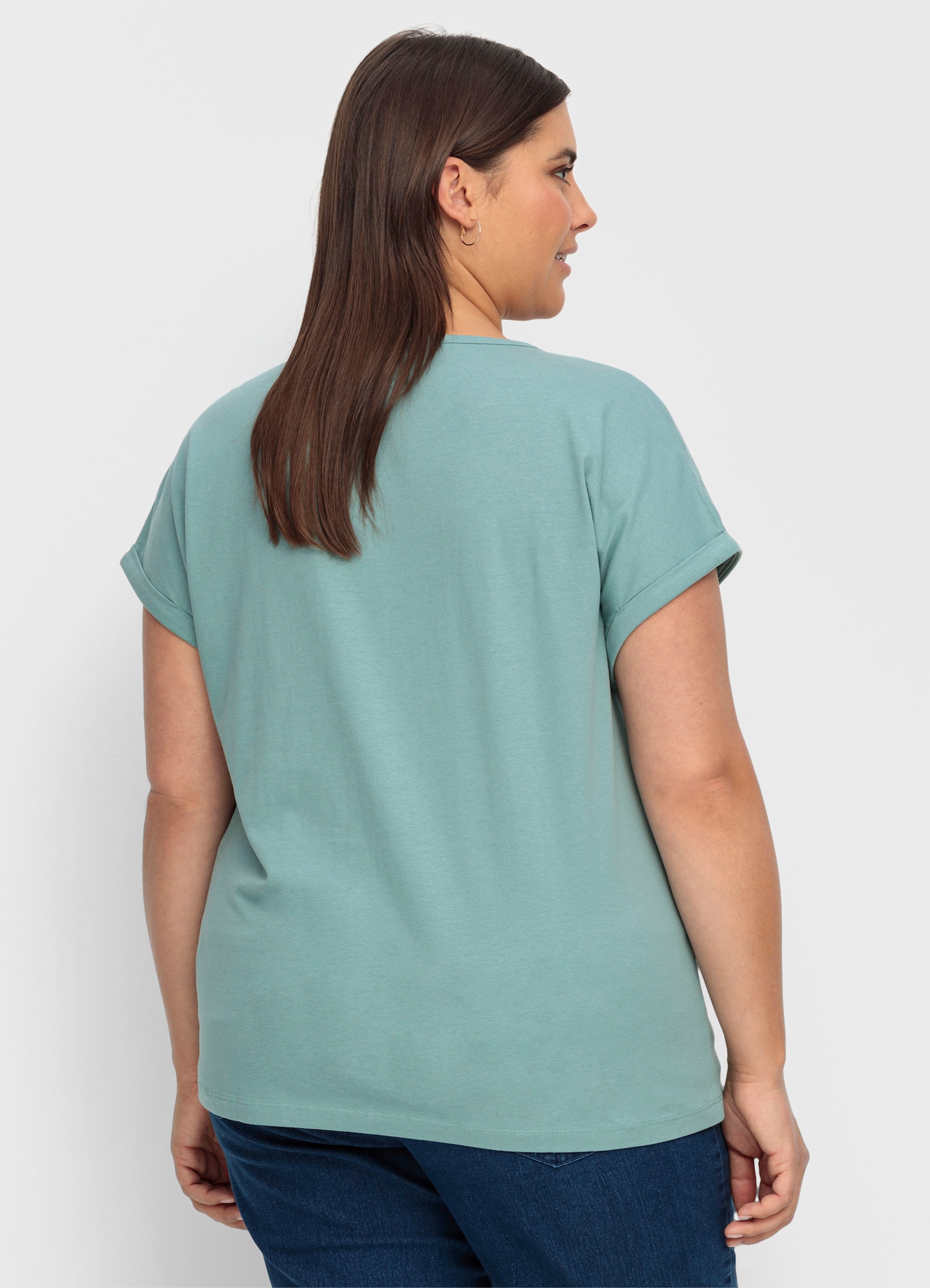 Rundhalsshirt mit Ärmel-Aufschlag - jade