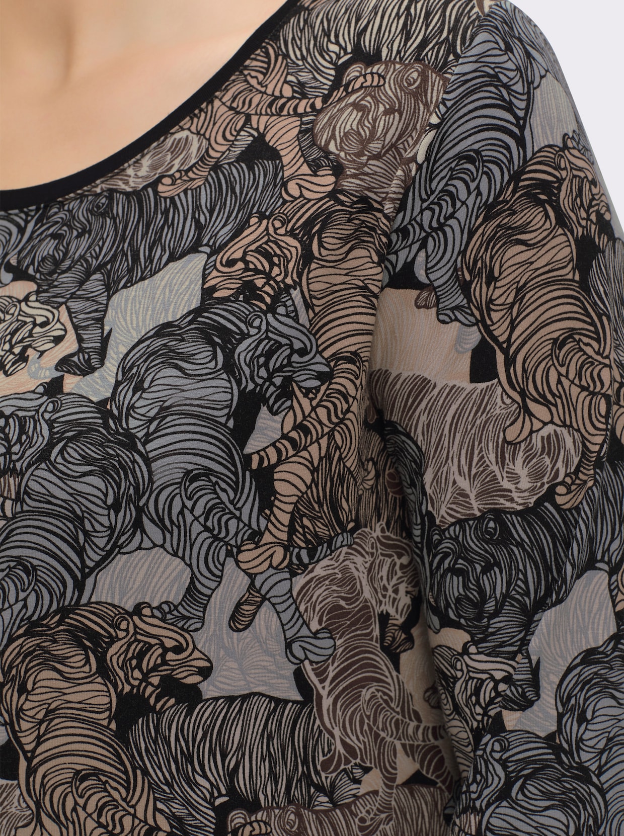 Langarmshirt mit kontrastfarbiger Paspel - schwarz-sand-bedruckt