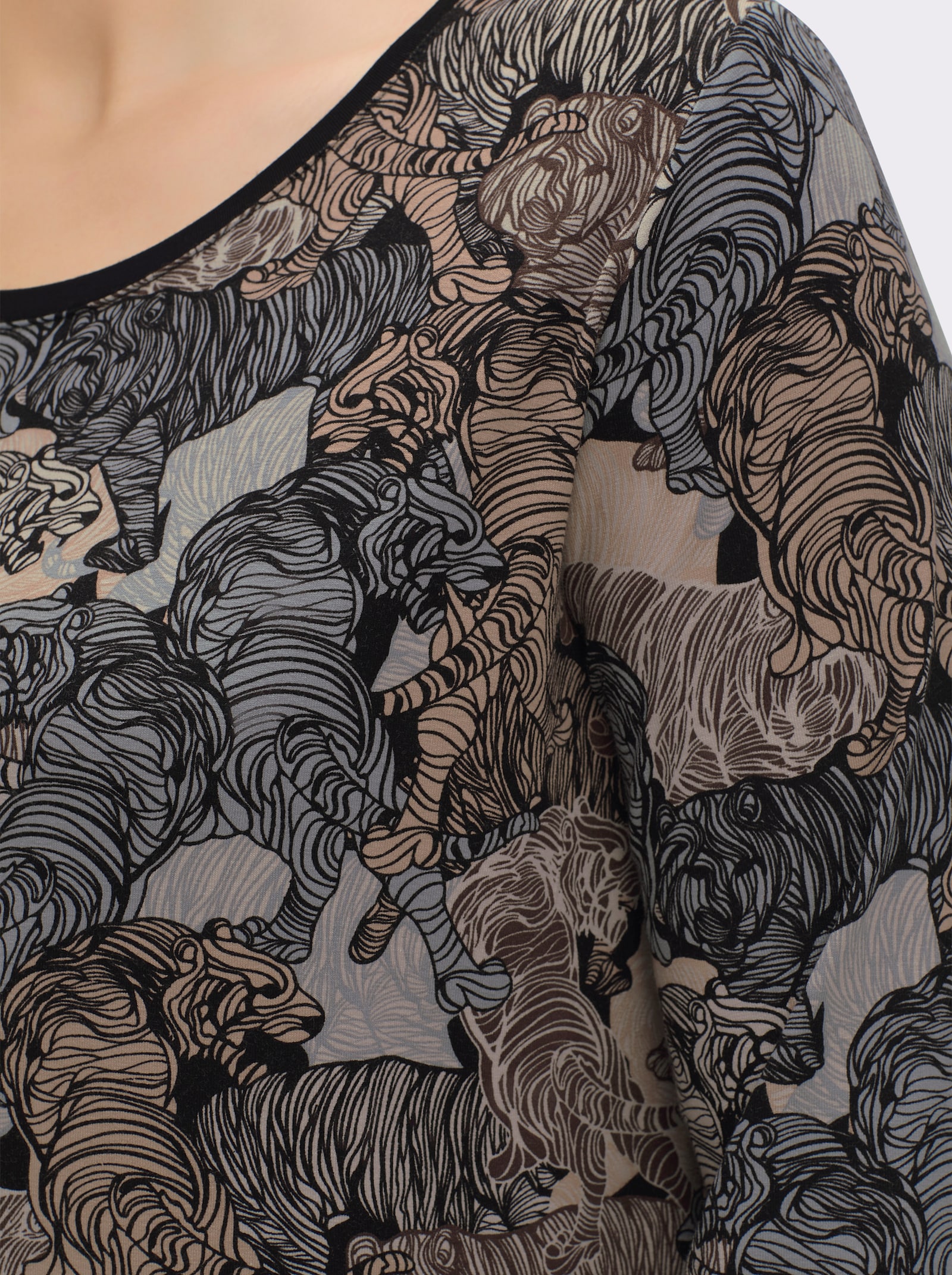 Langarmshirt mit kontrastfarbiger Paspel - schwarz-sand-bedruckt