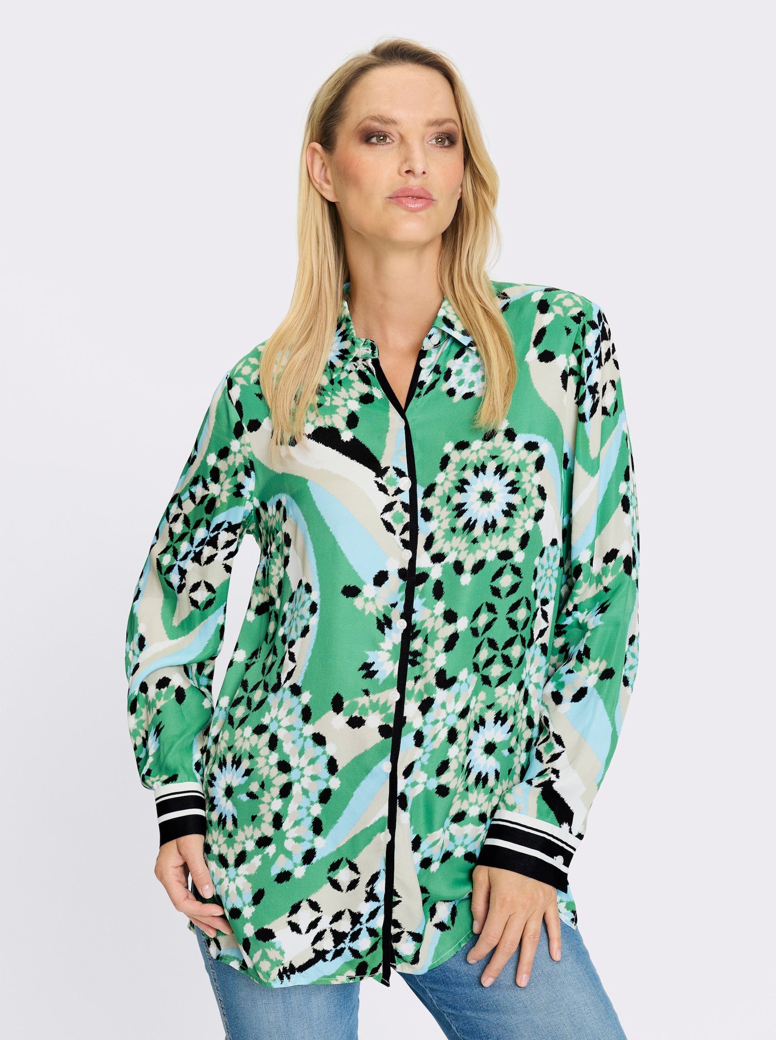 heine Tunika mit Exotic-Dessin - grasgrün-schwarz-bedruckt