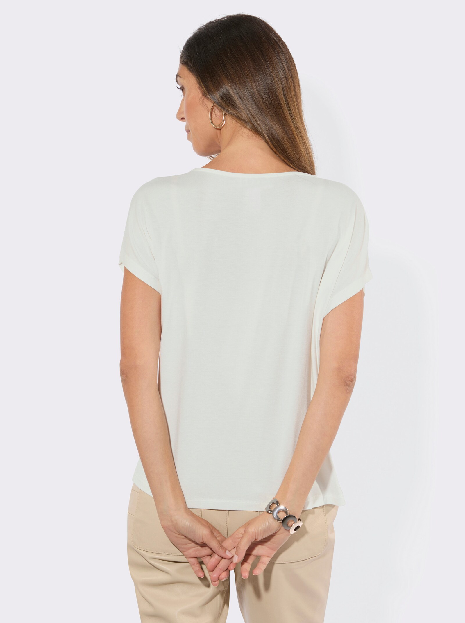 Kurzarmshirt mit überschnittenen Schultern - ecru-papaya-bedruckt