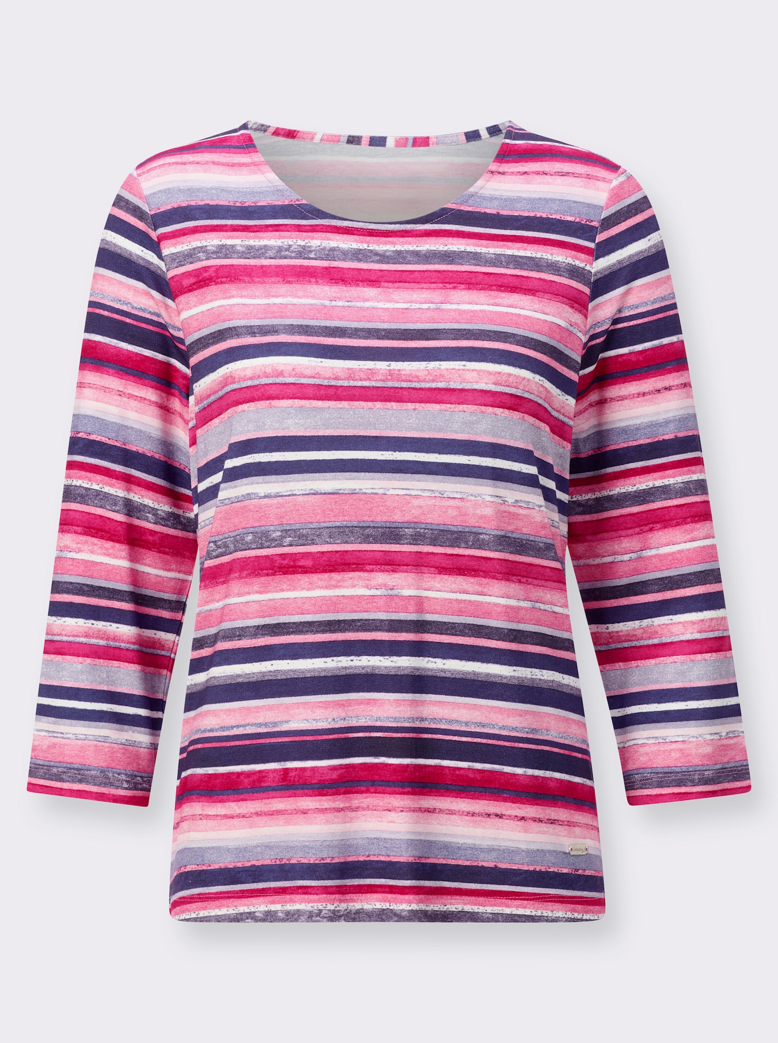 Rundhalsshirt mit 3/4-Ärmeln - altrosa-jeansblau-geringelt