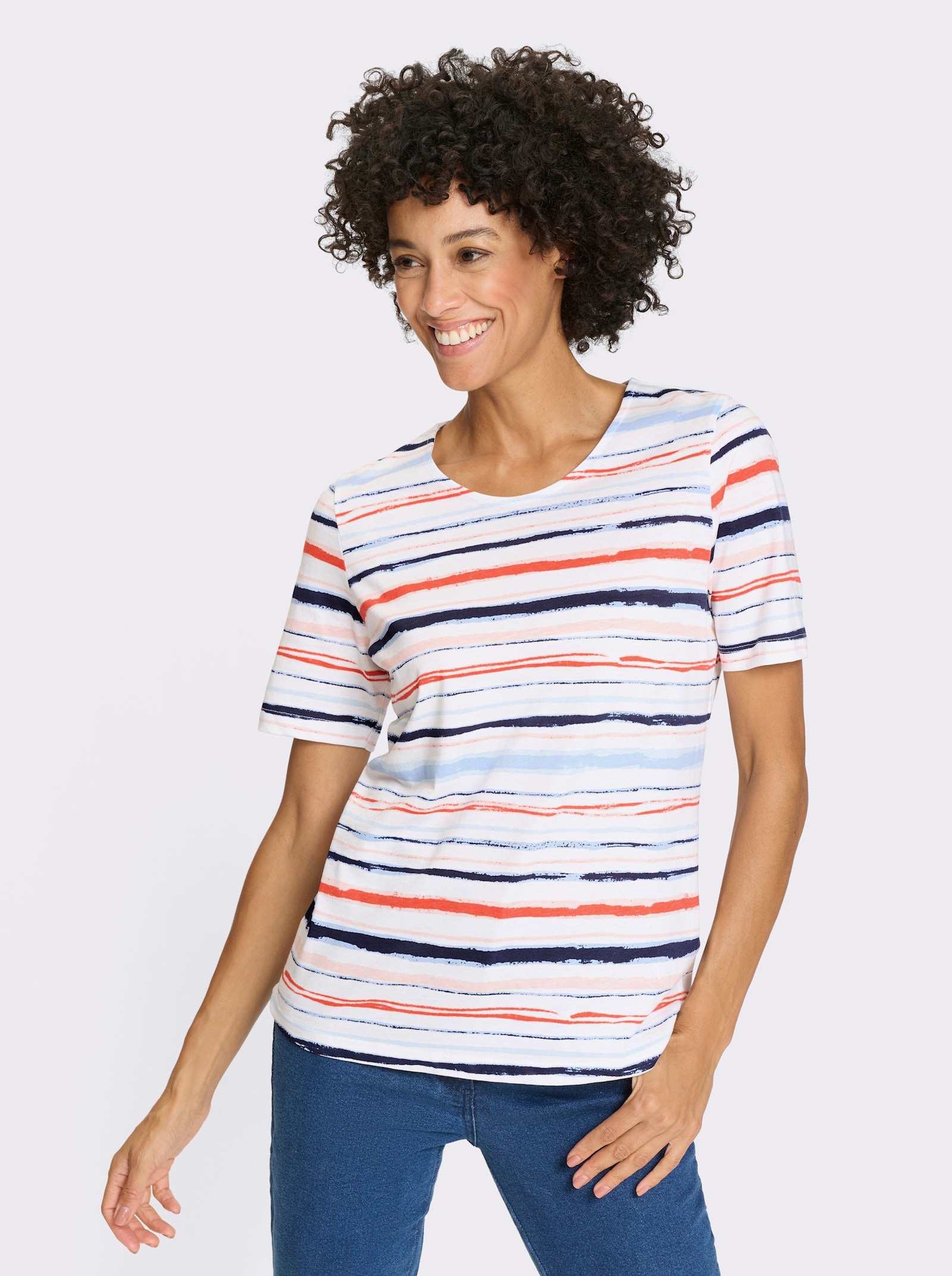 Tričko, okr. výstrih, pruhy - Svetlobéžovo-koralové pruhy