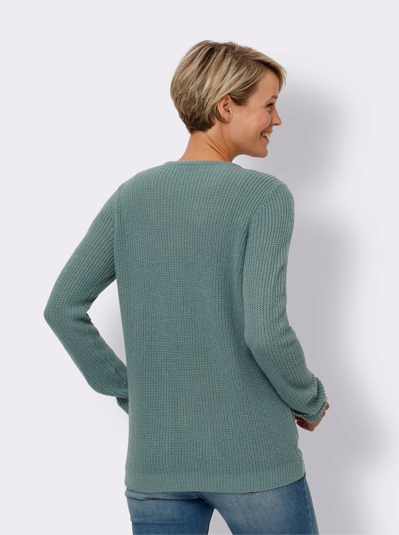 Langarm-Pullover mit Zierknopfleiste - jade