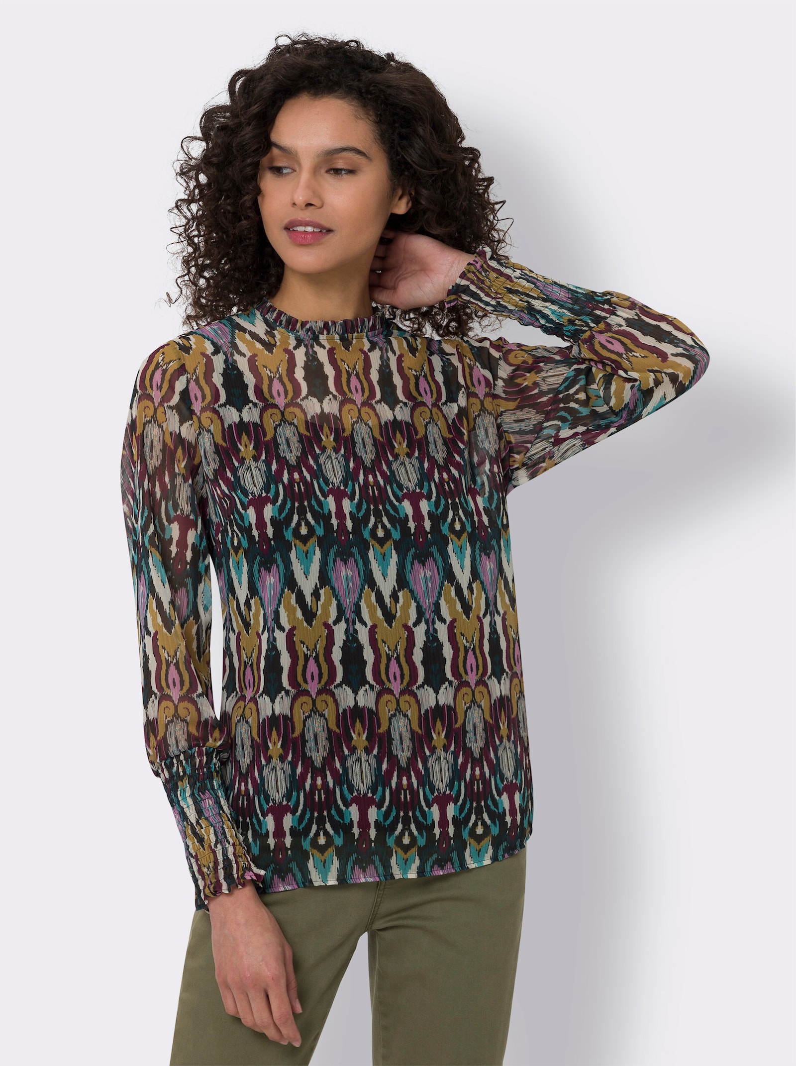 heine Druckbluse mit Knopfverschluss im Nacken - salbei-schwarz-gemustert