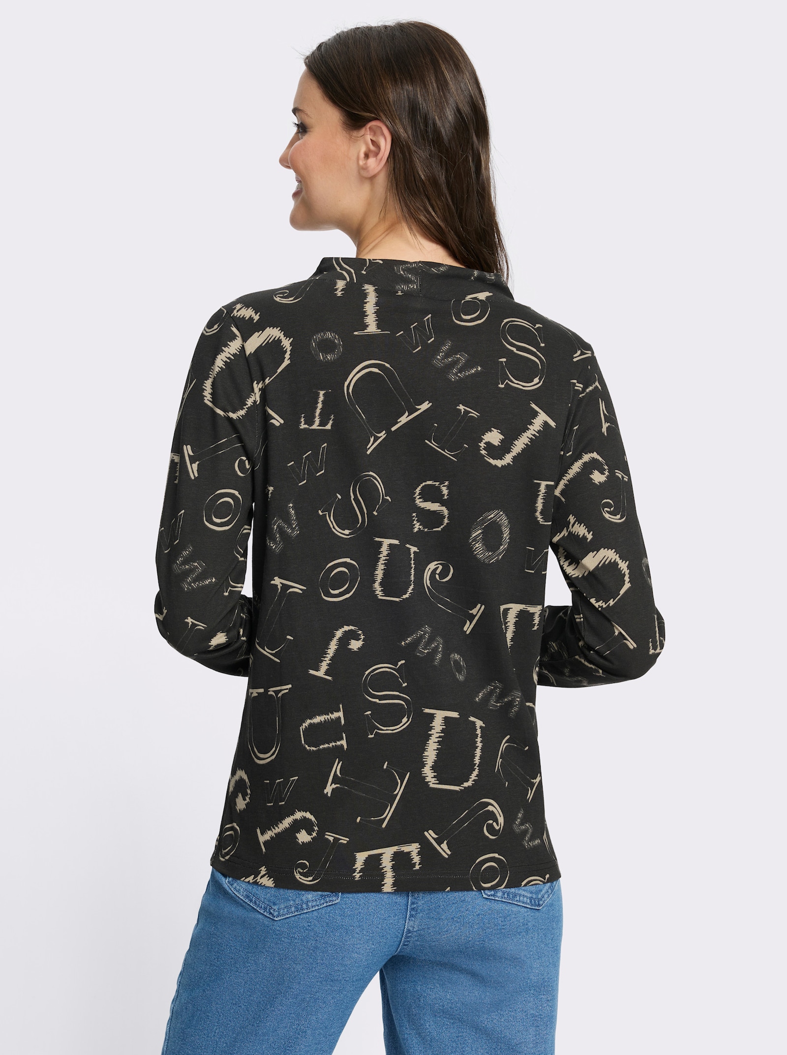 Stehkragenshirt mit Lettering-Print - schwarz-schlamm-bedruckt