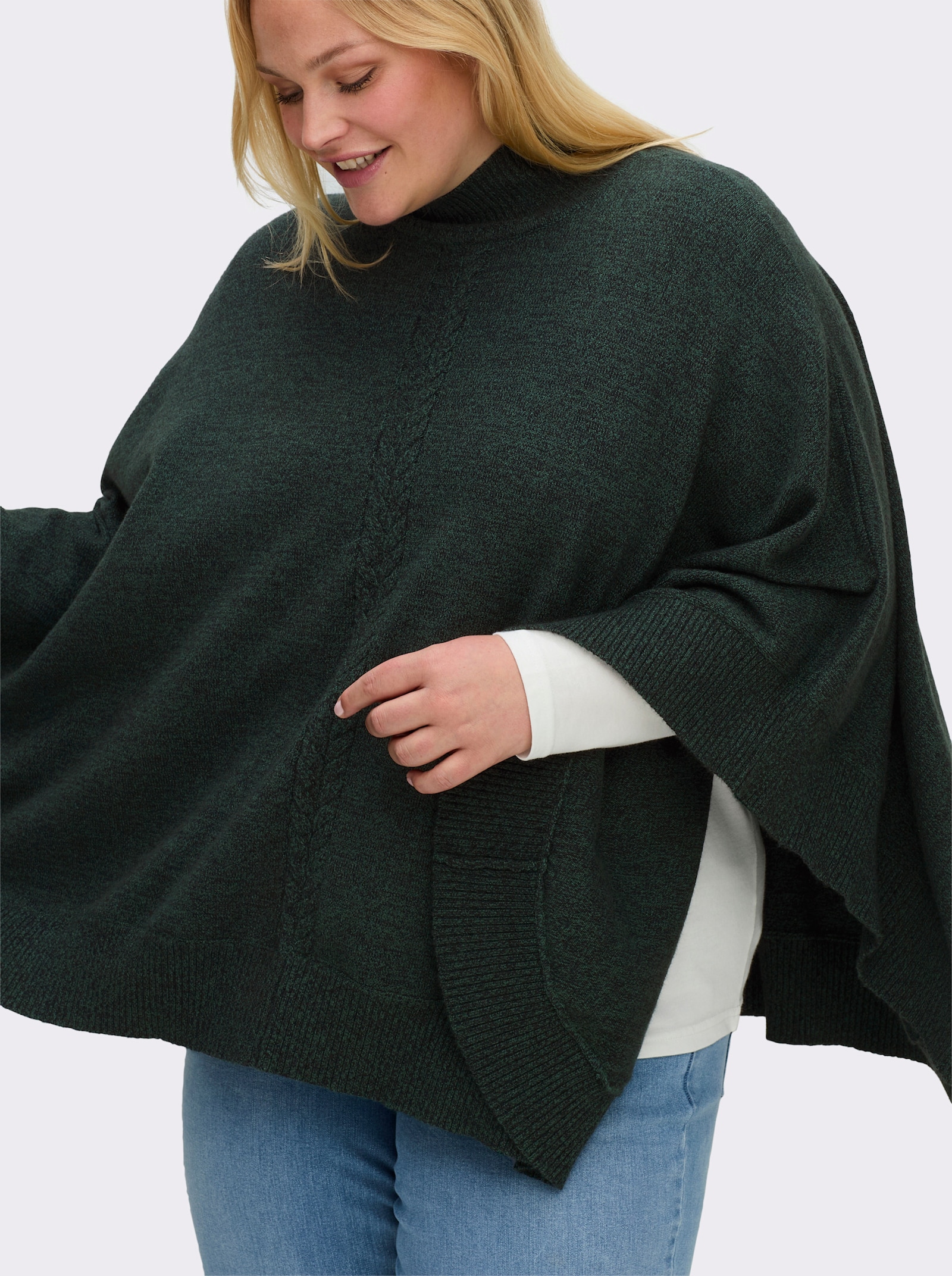 sheego Strickponcho mit Zopfmuster - moos-meliert