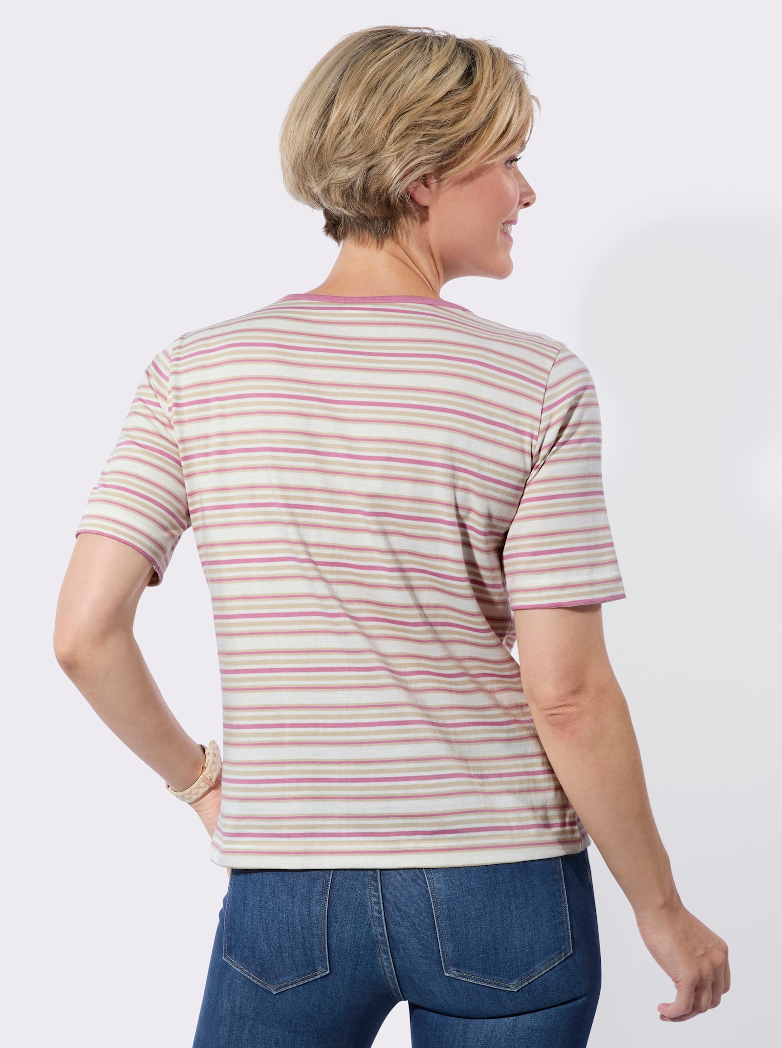 Shirt mit Biesenverzierung - ecru-altrosa-geringelt