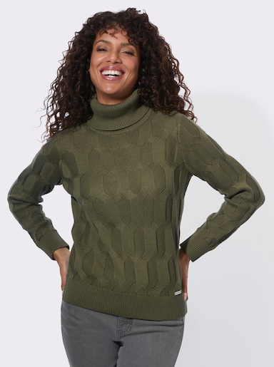 Rollkragenpullover mit Strickmuster - oliv