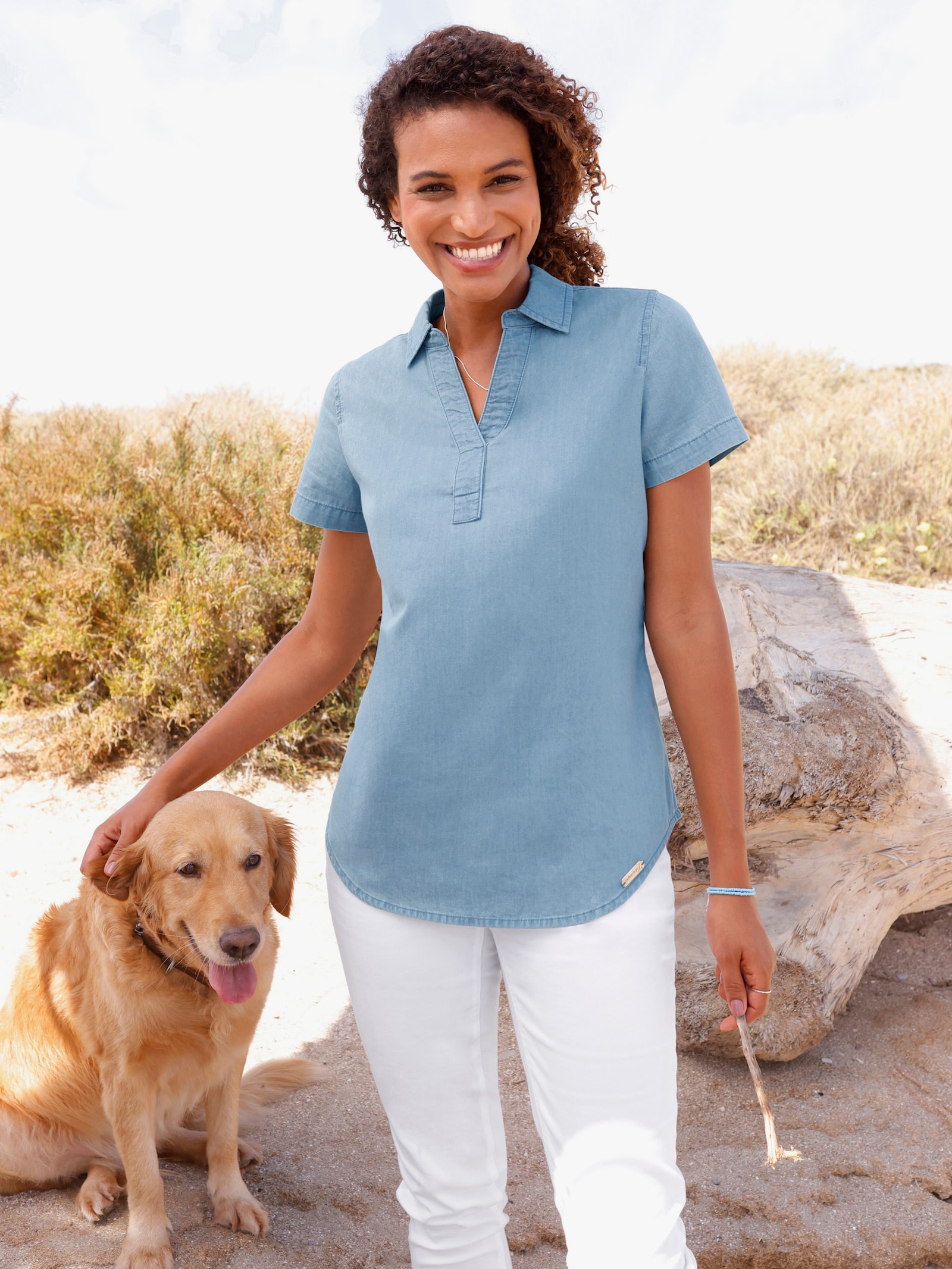 Jeanstunika mit abgerundetem Saum - blue-bleached