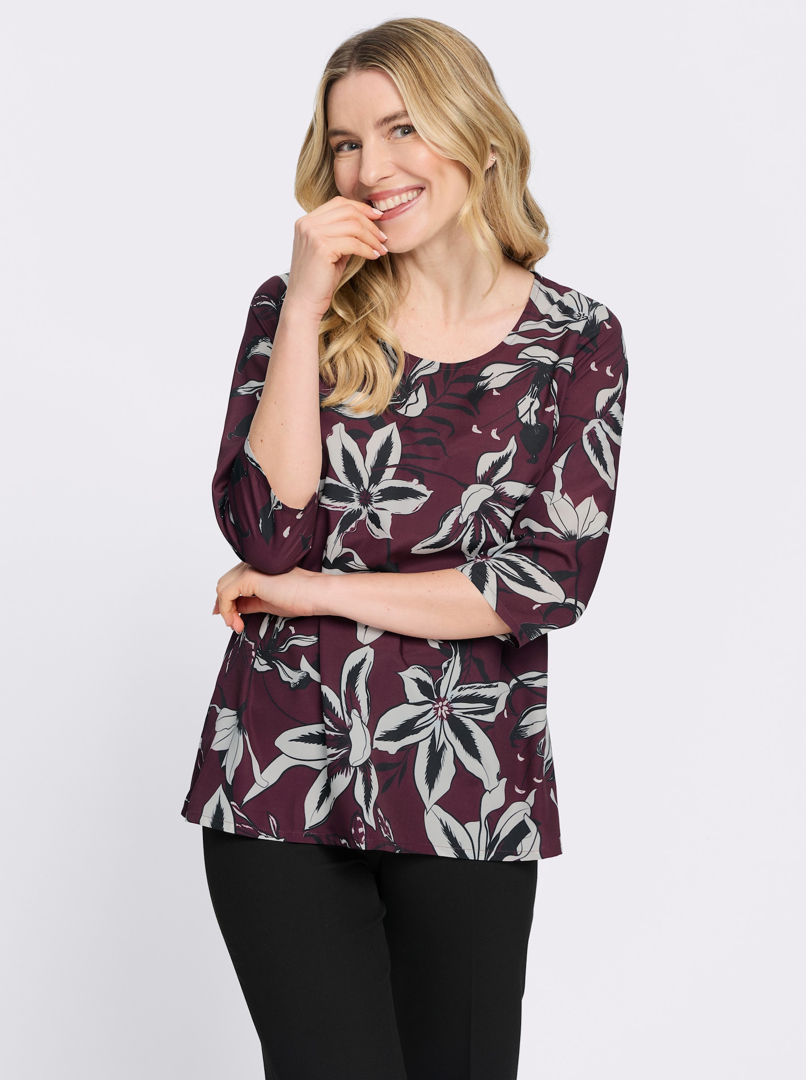 Druckbluse in floralem Dessin - burgund-ecru-bedruckt