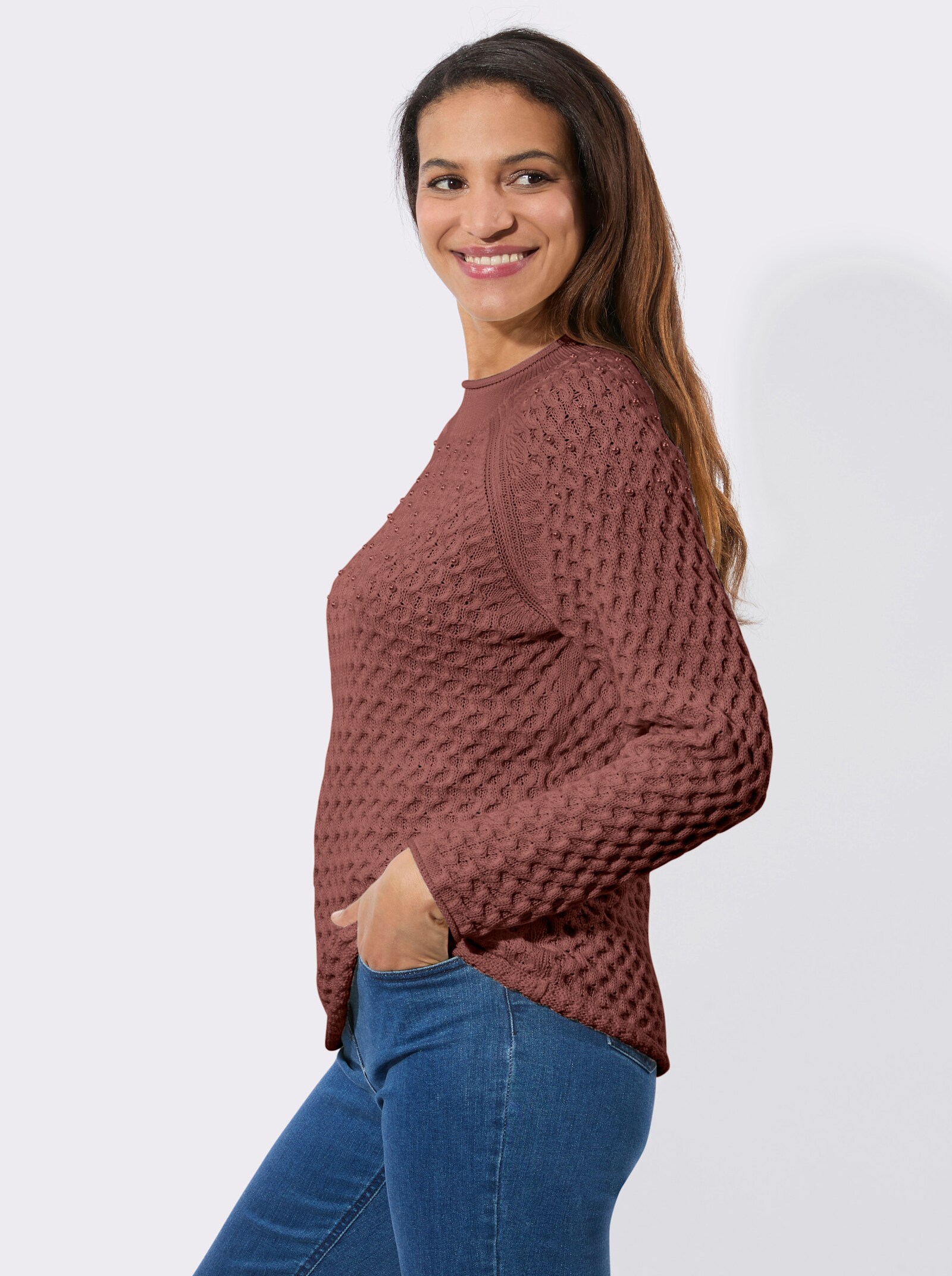 Stehkragenpullover mit Zierperlen - rotbraun