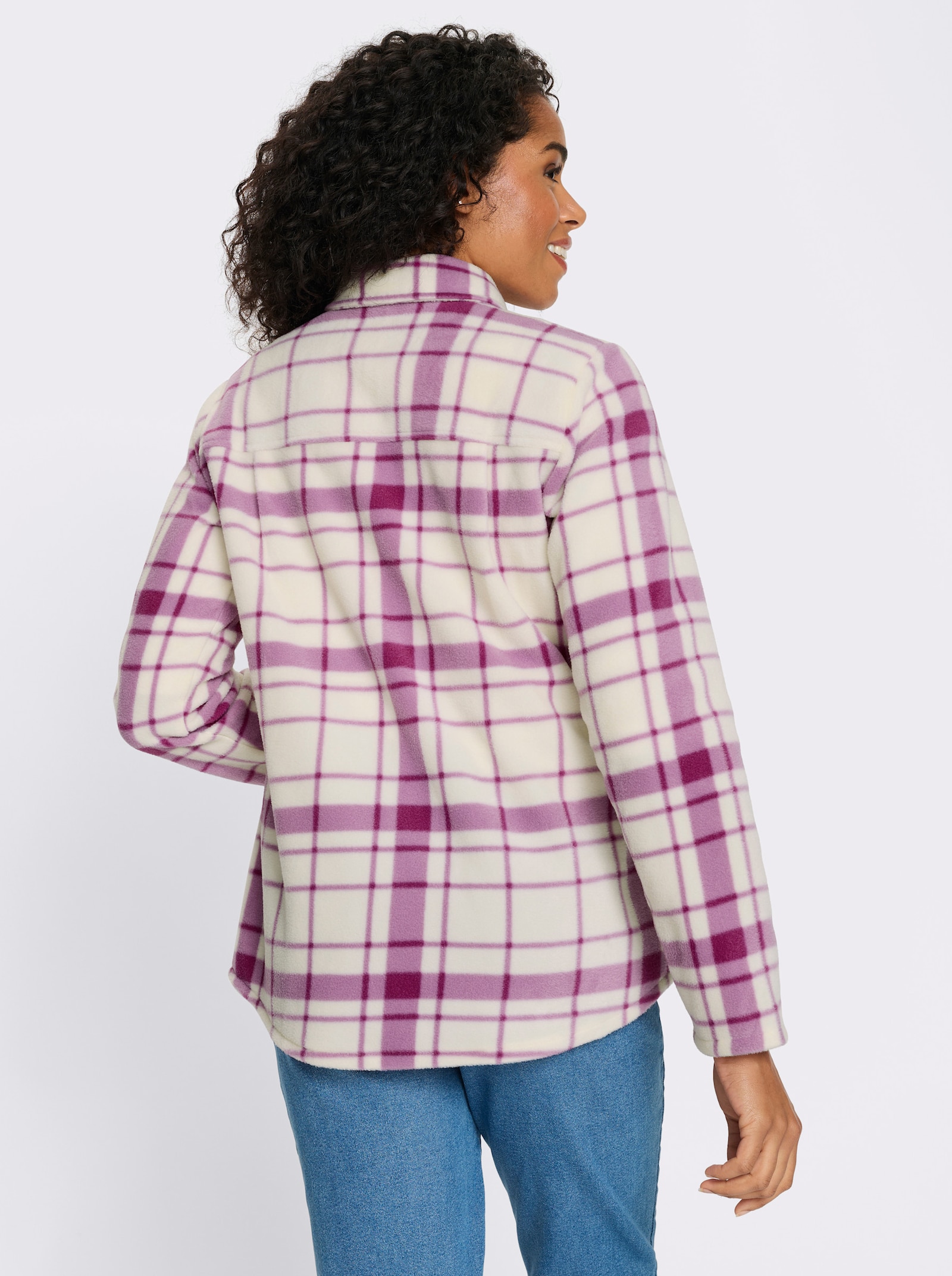 Fleecejacka med längre fåll baktill - orkidé-champagne-rutig