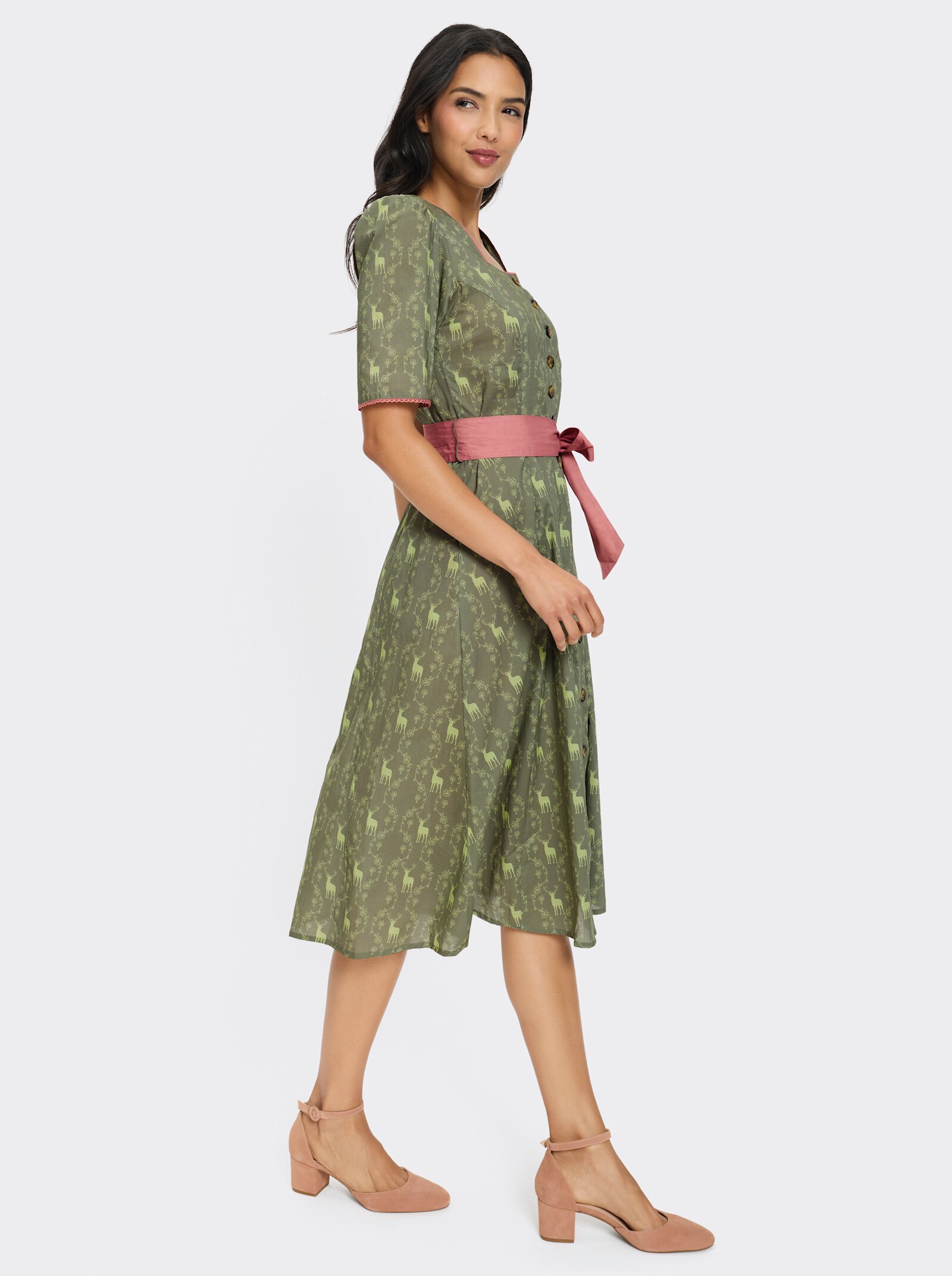 Trachtenkleid mit Knöpfen in Holz-Optik - khaki-lindgrün-bedruckt