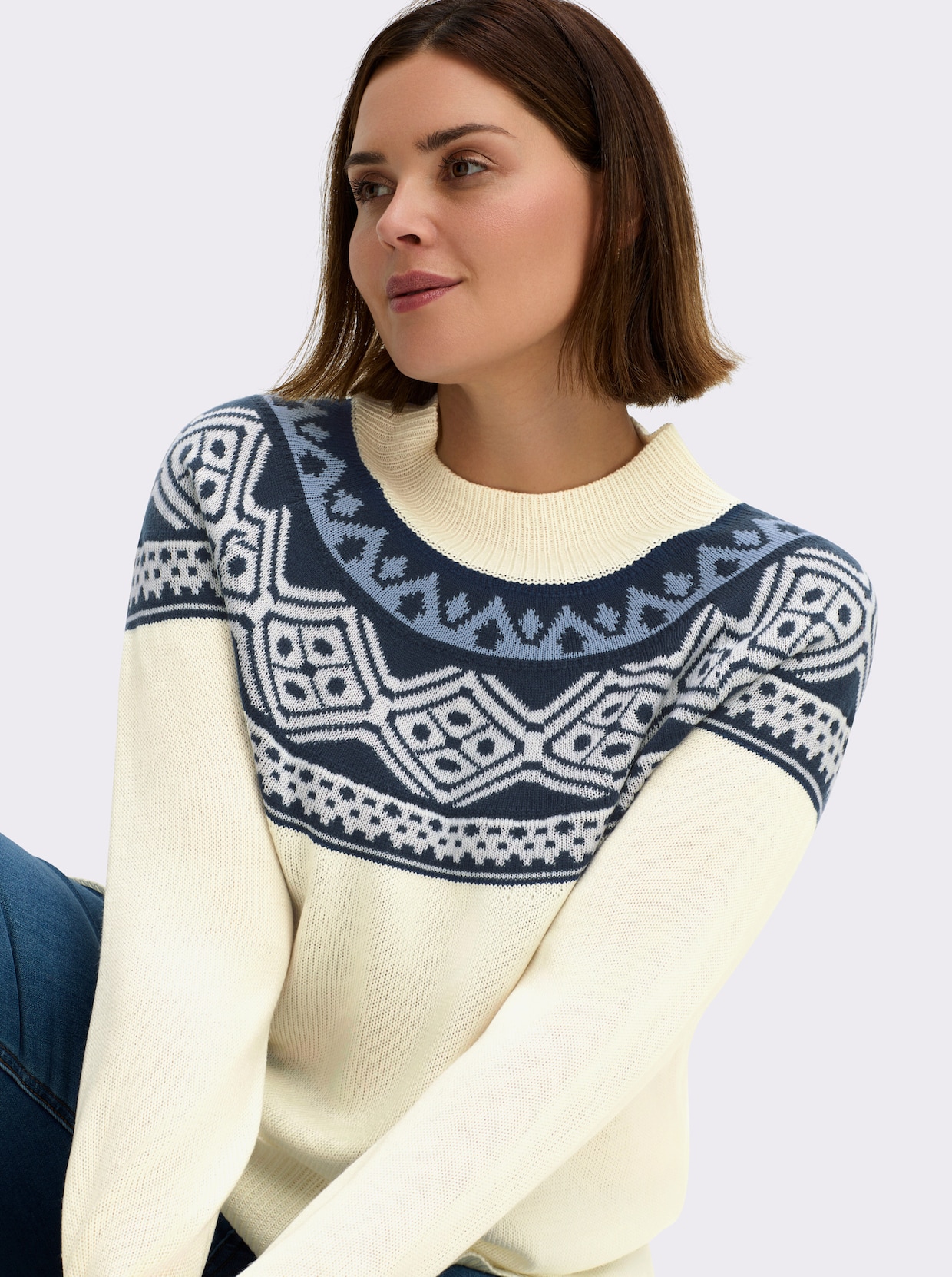 Longpullover mit Norwegermuster - ecru-dunkelblau