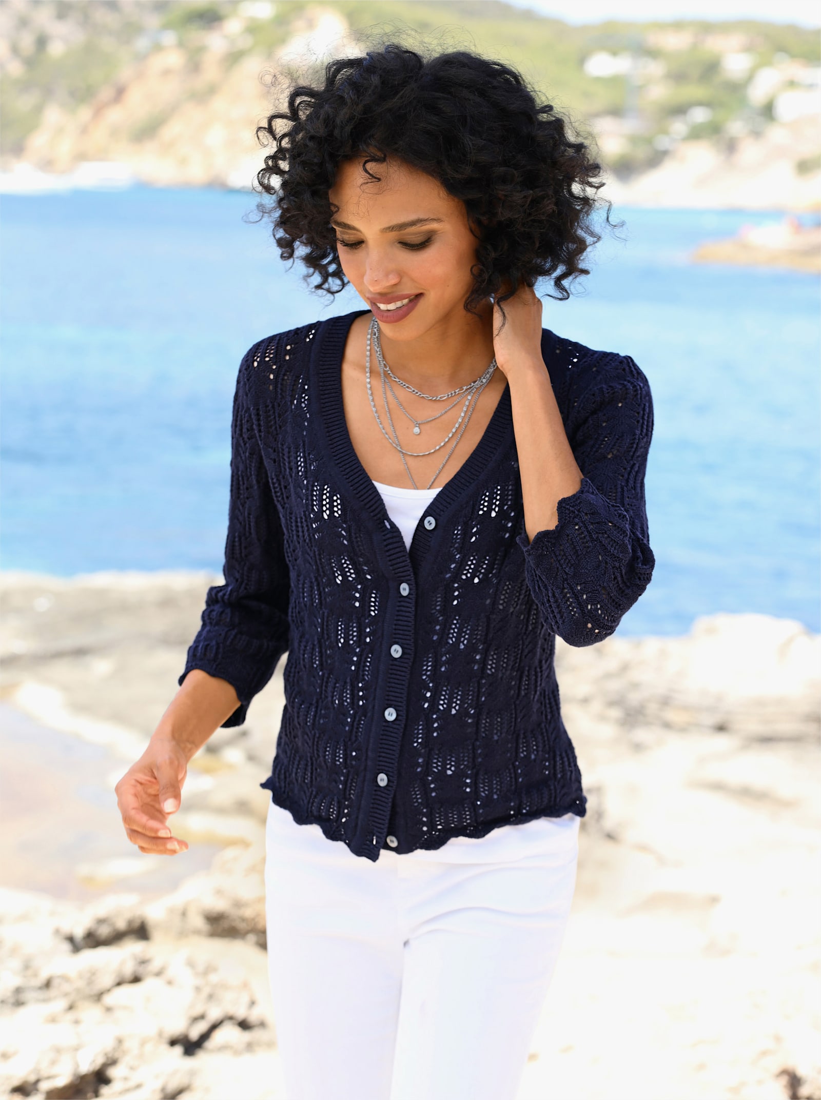 heine Ajourstrickjacke mit 3/4-Arm - marine