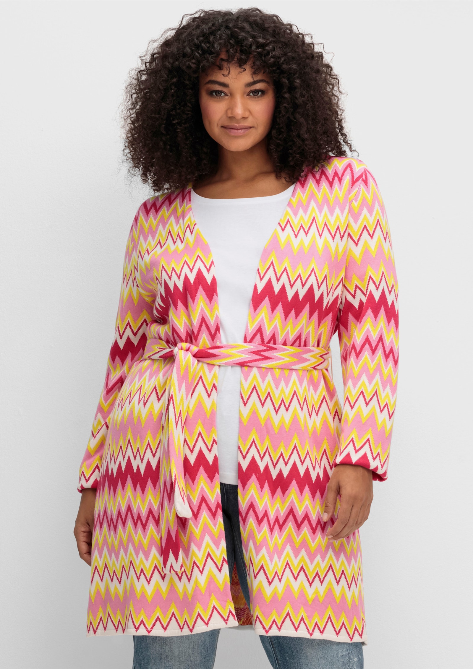 sheego by Joe Browns Veste longue en tricot avec motif zigzag - rose crème-blanc cassé