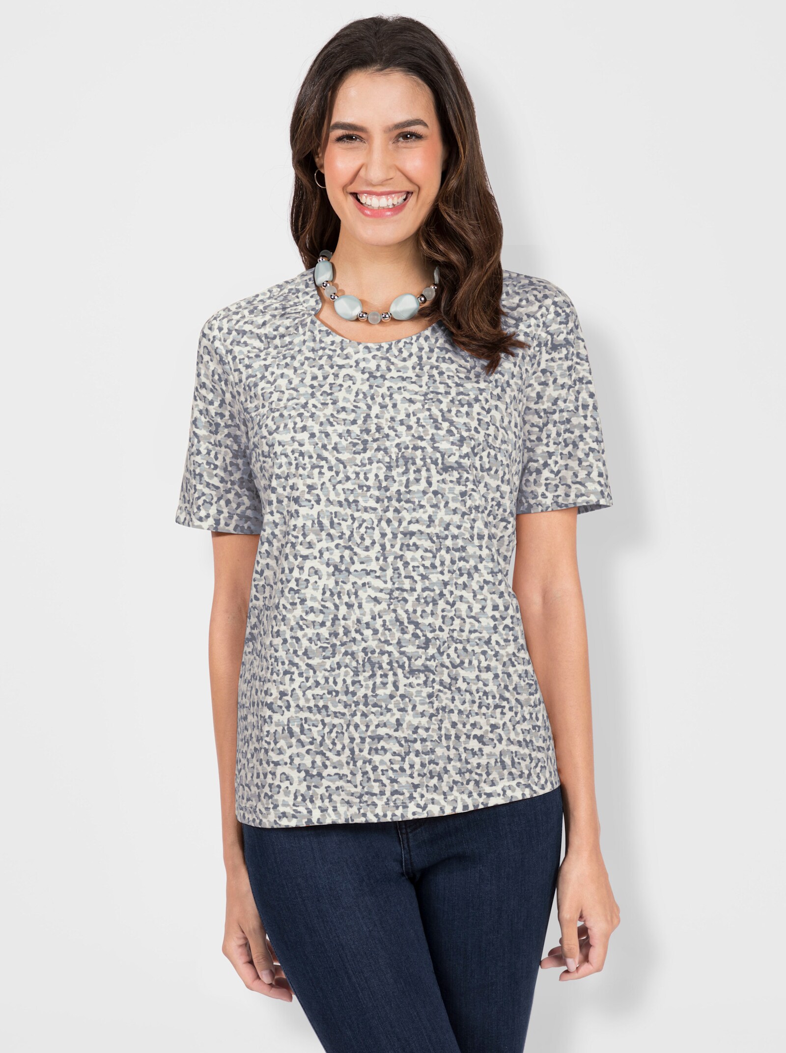 Print-Shirt mit Falten-Verzierung am Ausschnitt - hellblau-bedruckt