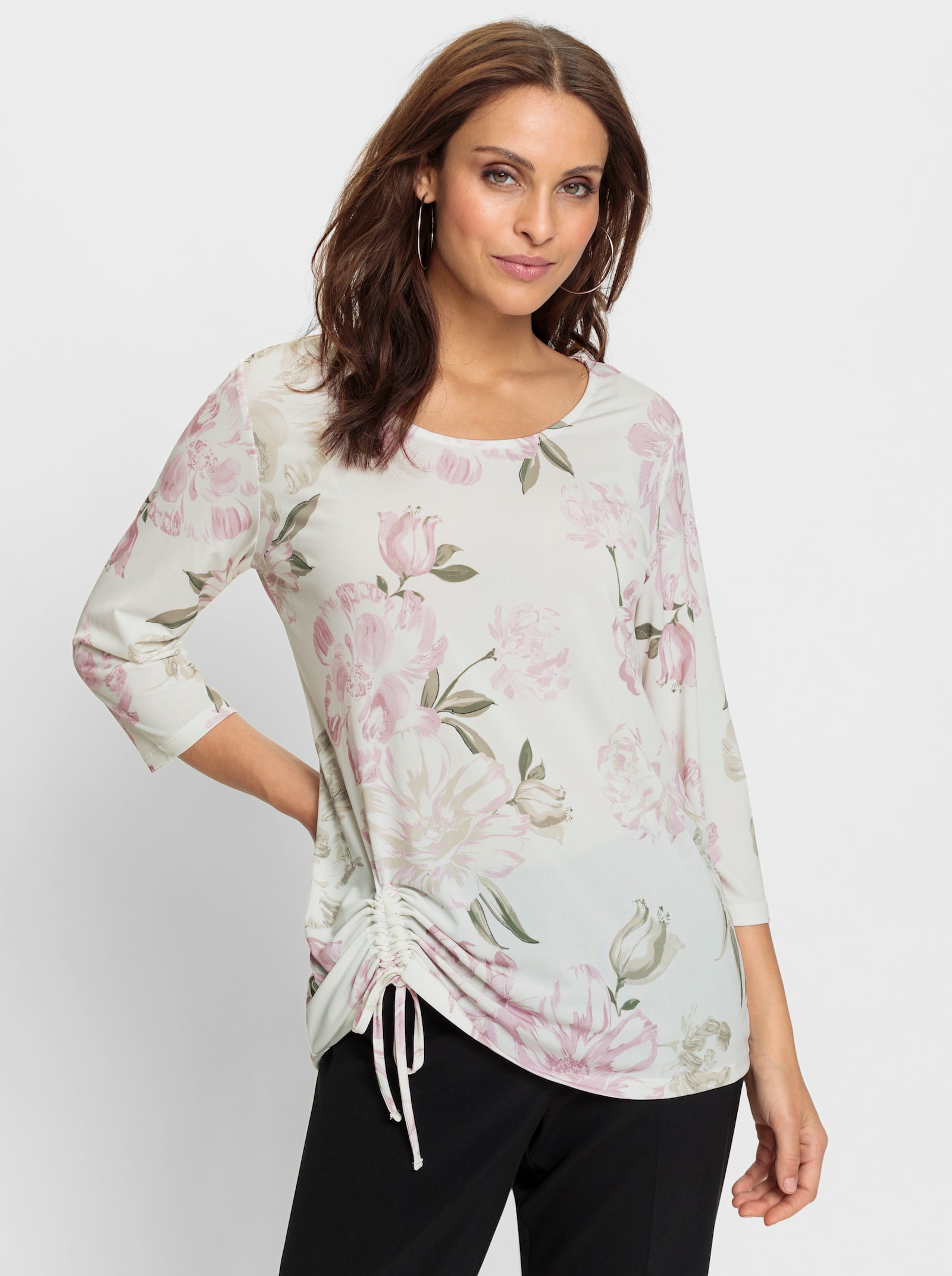 Shirt met 3/4-mouwen en rimpeling - ecru/roze geprint
