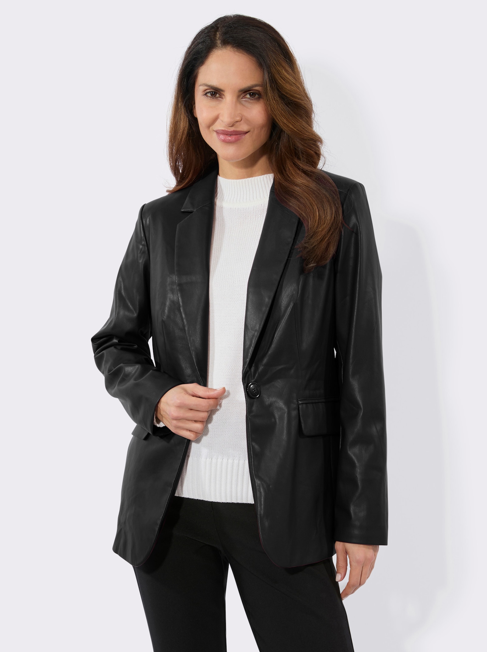 Lederimitat-Blazer mit Reverskragen - schwarz