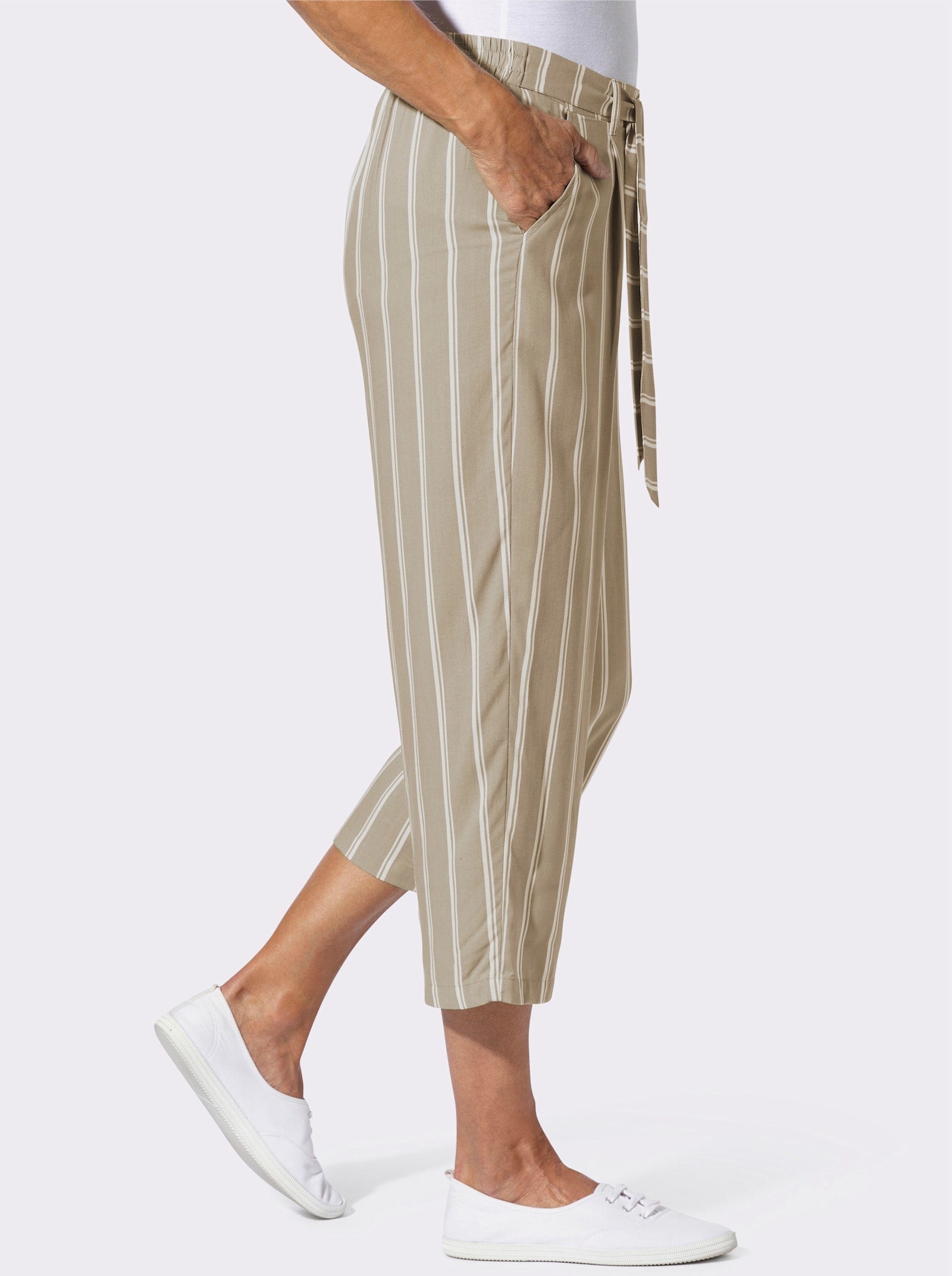 3/4-Hose mit fixiertem Bindegürtel - beige-ecru-gestreift