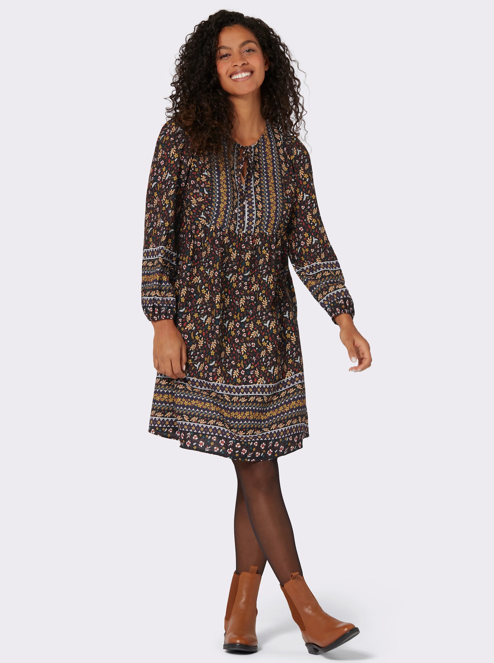 Druckkleid mit Bordüren-Dessin - schwarz-rotbraun-bedruckt