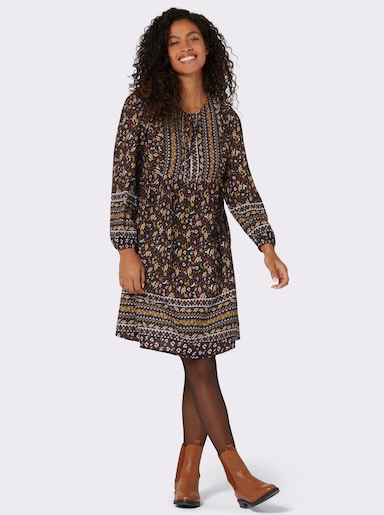 Druckkleid mit Bordüren-Dessin - schwarz-rotbraun-bedruckt