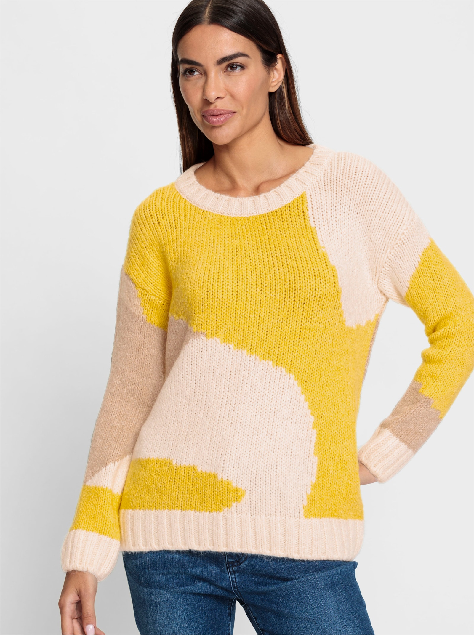 heine Strickpullover in Colour-Blocking-Optik - sonnengelb-champagner-gemustert