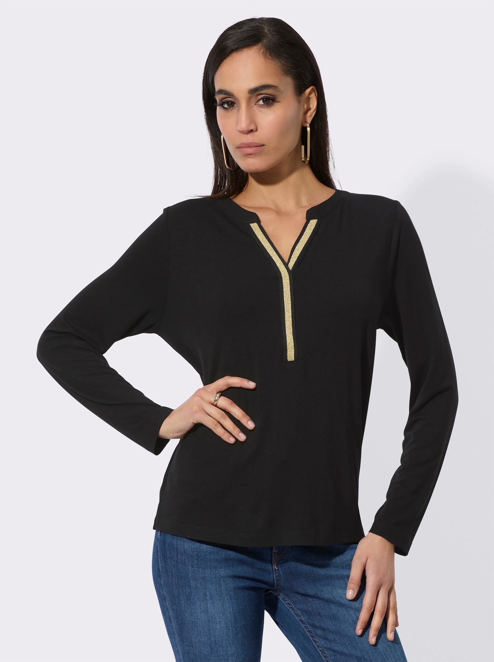 Langarmshirt mit Zierband am Ausschnitt - schwarz