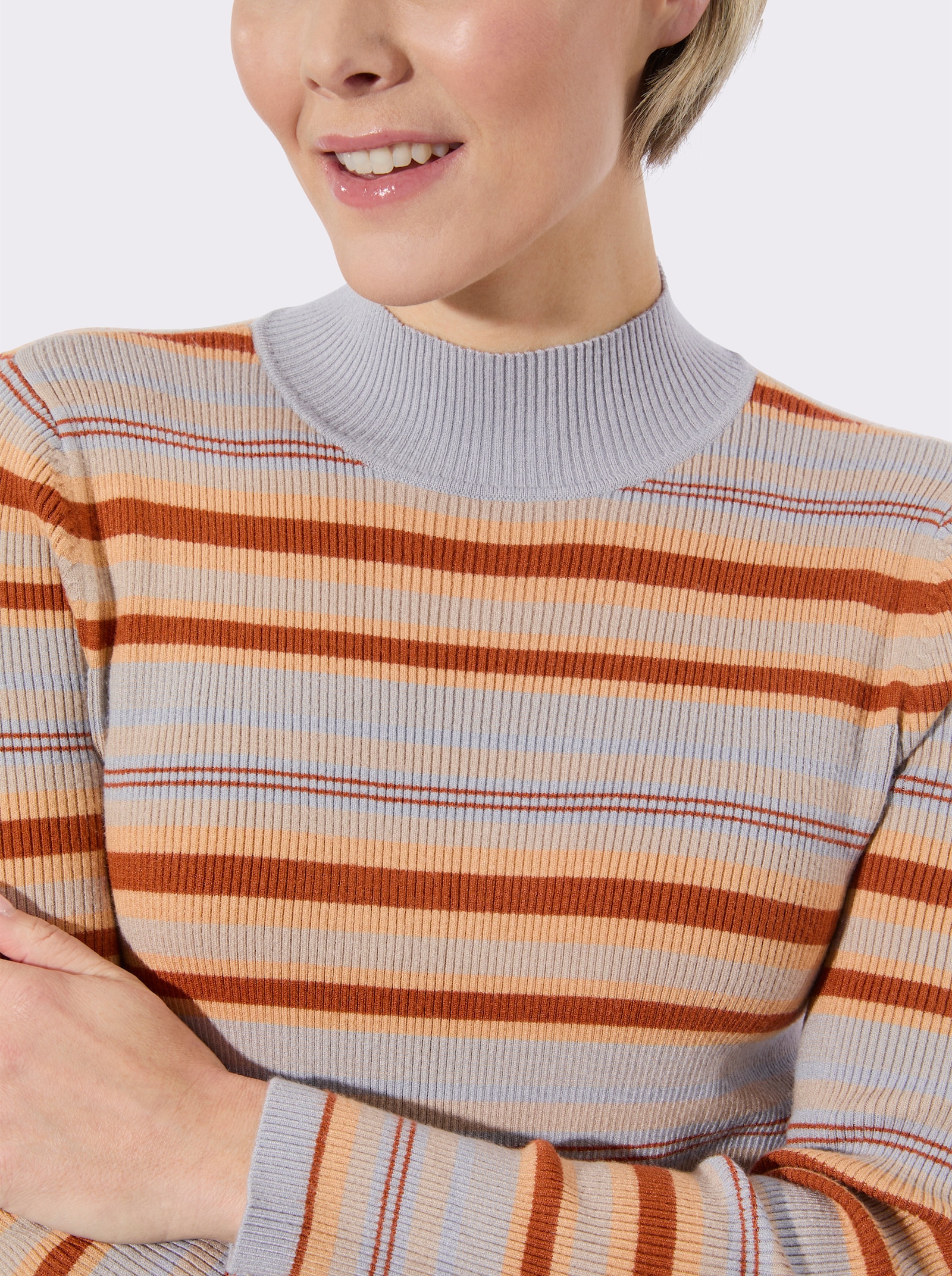 Streifenpullover mit Stehkragen - camel-cognac-geringelt