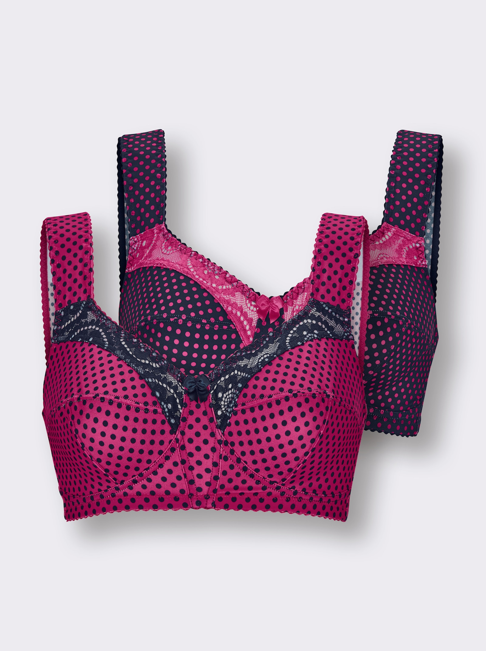 wäschepur Entlastungs-BH ohne Bügel mit elastischer Spitze - fuchsia-getupft + marine-getupft