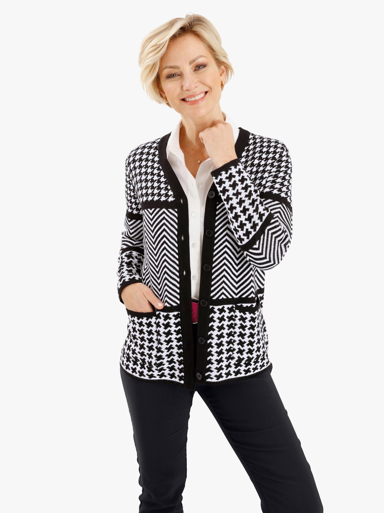 Strickjacke - schwarz-weiß-gemustert