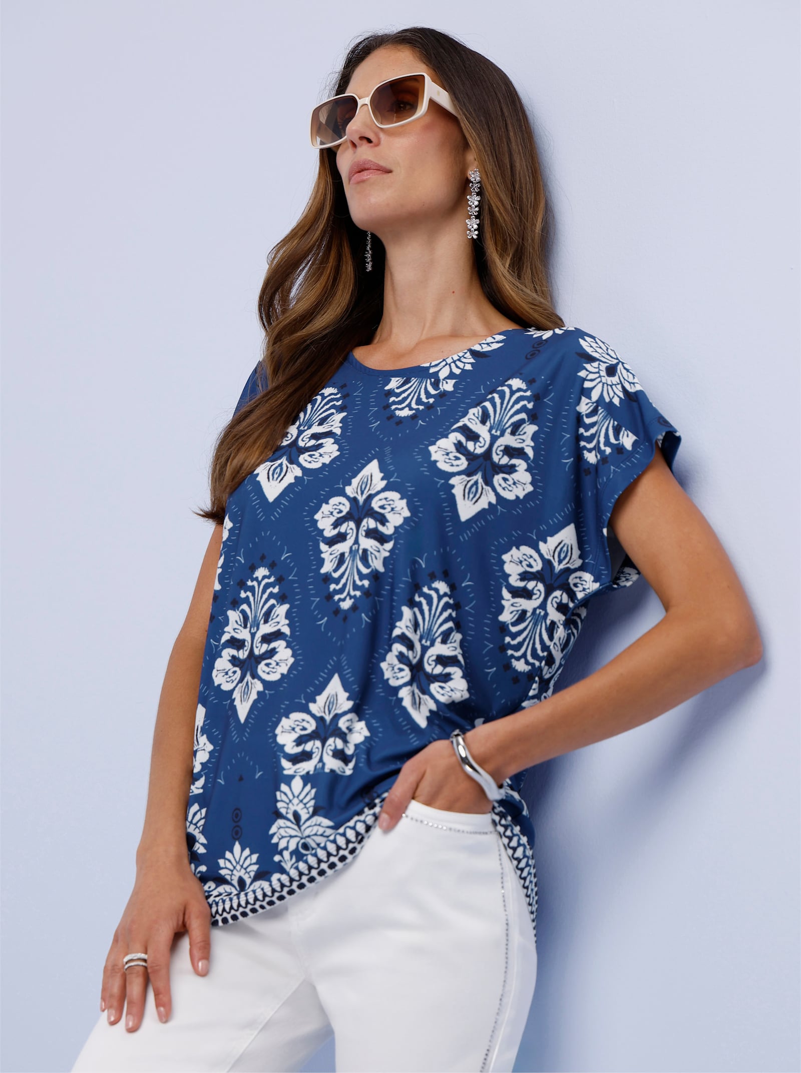Print-Shirt mit Tuchdruck - royalblau-ecru-bedruckt