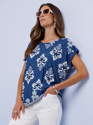 Print-Shirt mit Tuchdruck - royalblau-ecru-bedruckt