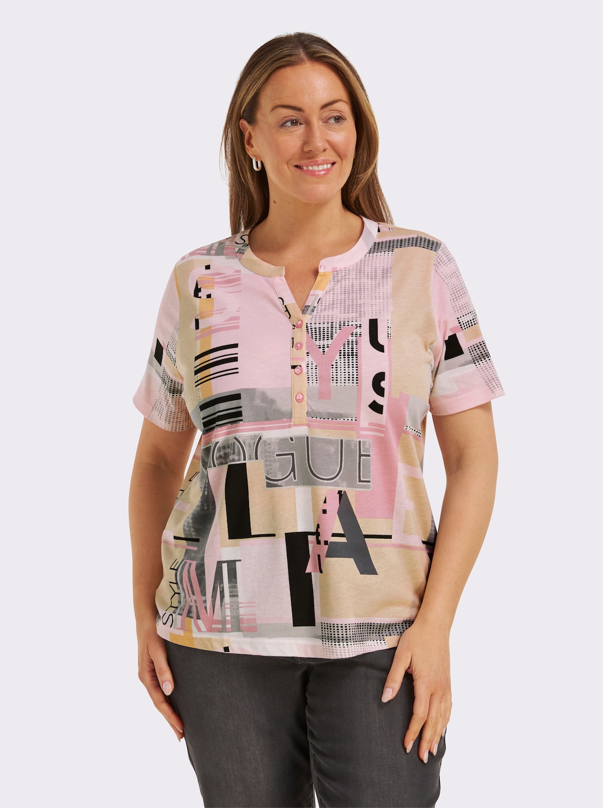 Kurzarmshirt im Baumwoll-Modal-Mix - hortensie-sand-bedruckt