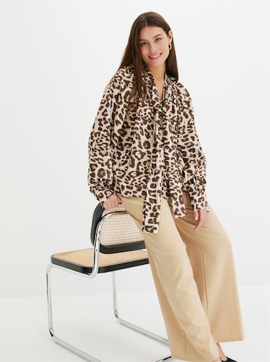 Schluppenbluse mit Ballon-Ärmeln - champagner-schoko-bedruckt