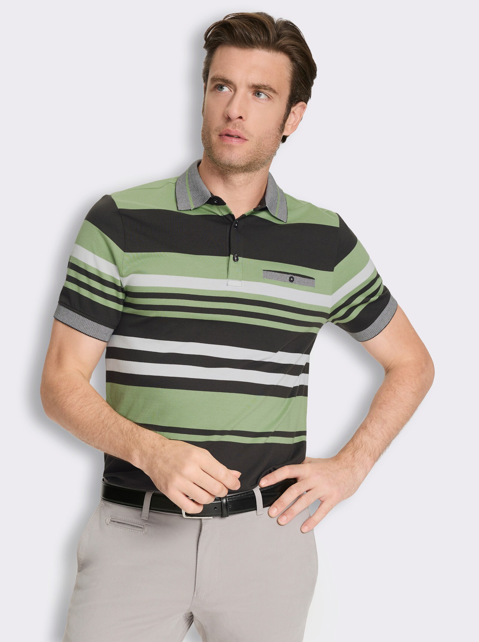 Marco Donati Kurzarmshirt mit knöpfbarer Brusttasche - ecru-eucalyptus-gestreift